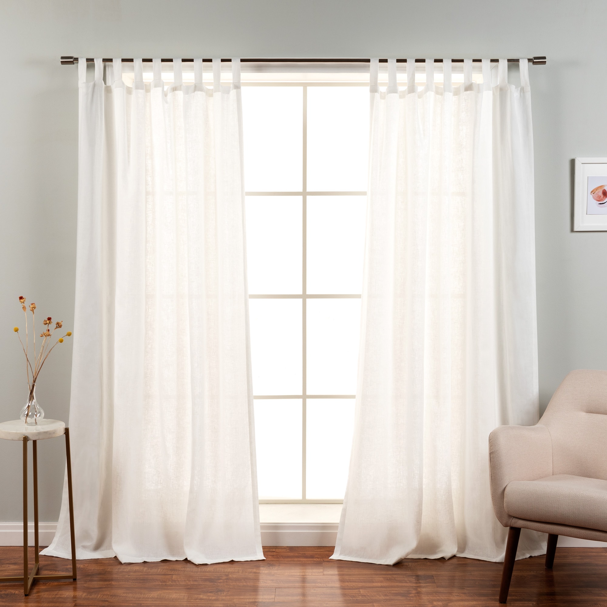 Best Home Fashion YK-04-TAB-LN-96-WHIT 96-Inches White Semi-sheer Top tab Curtain panel pair
