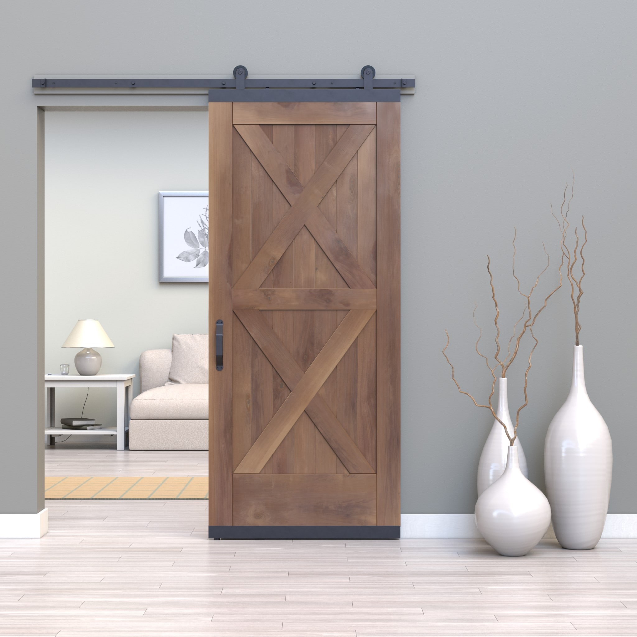 JELD-WEN LOWOLJW248600044 36-in x 80-in Clear Crossbuck Walnut Wood Solid core Single Barn Door (Hardware Included)