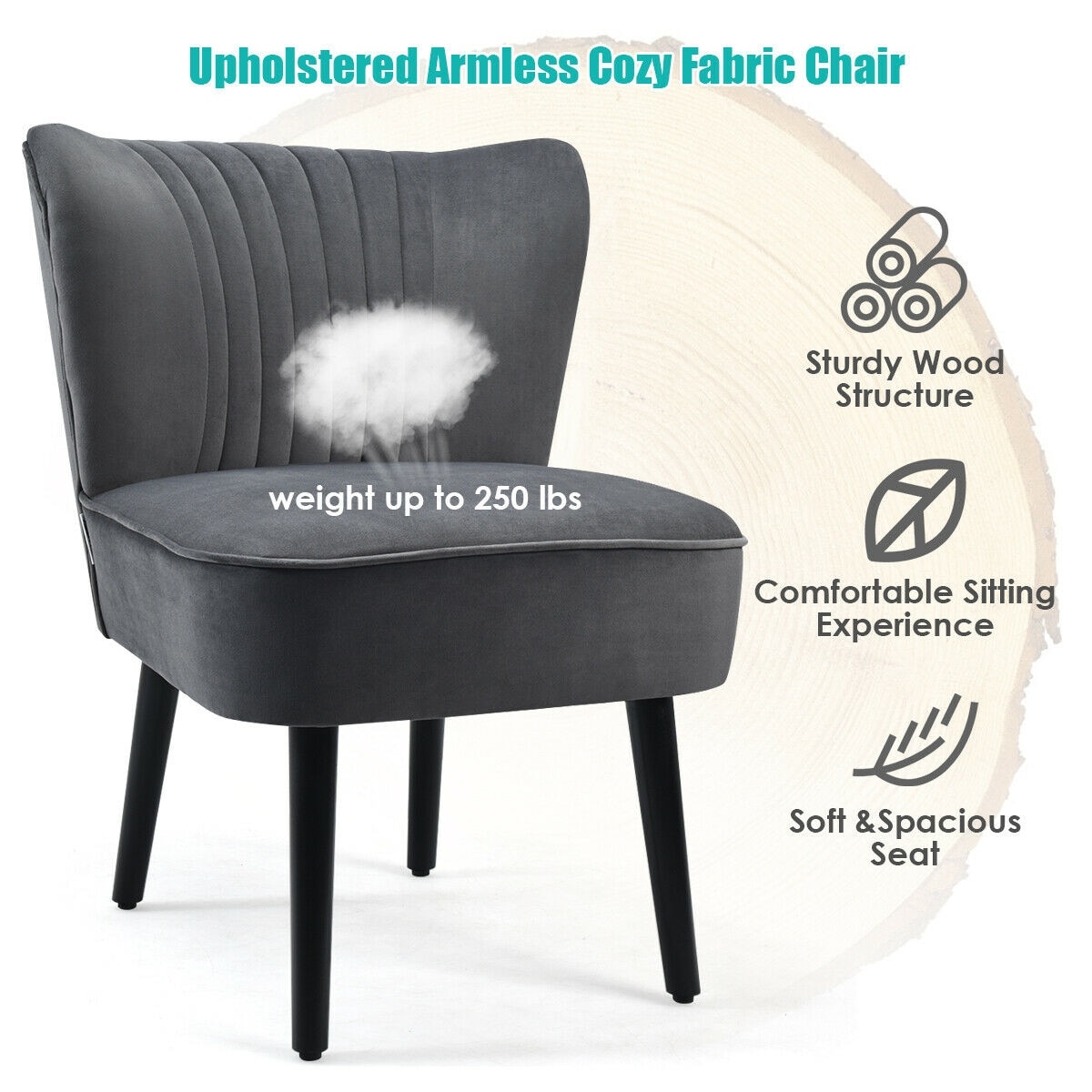 Parsons Gray Velvet Armless Accent Chair with Wood Legs