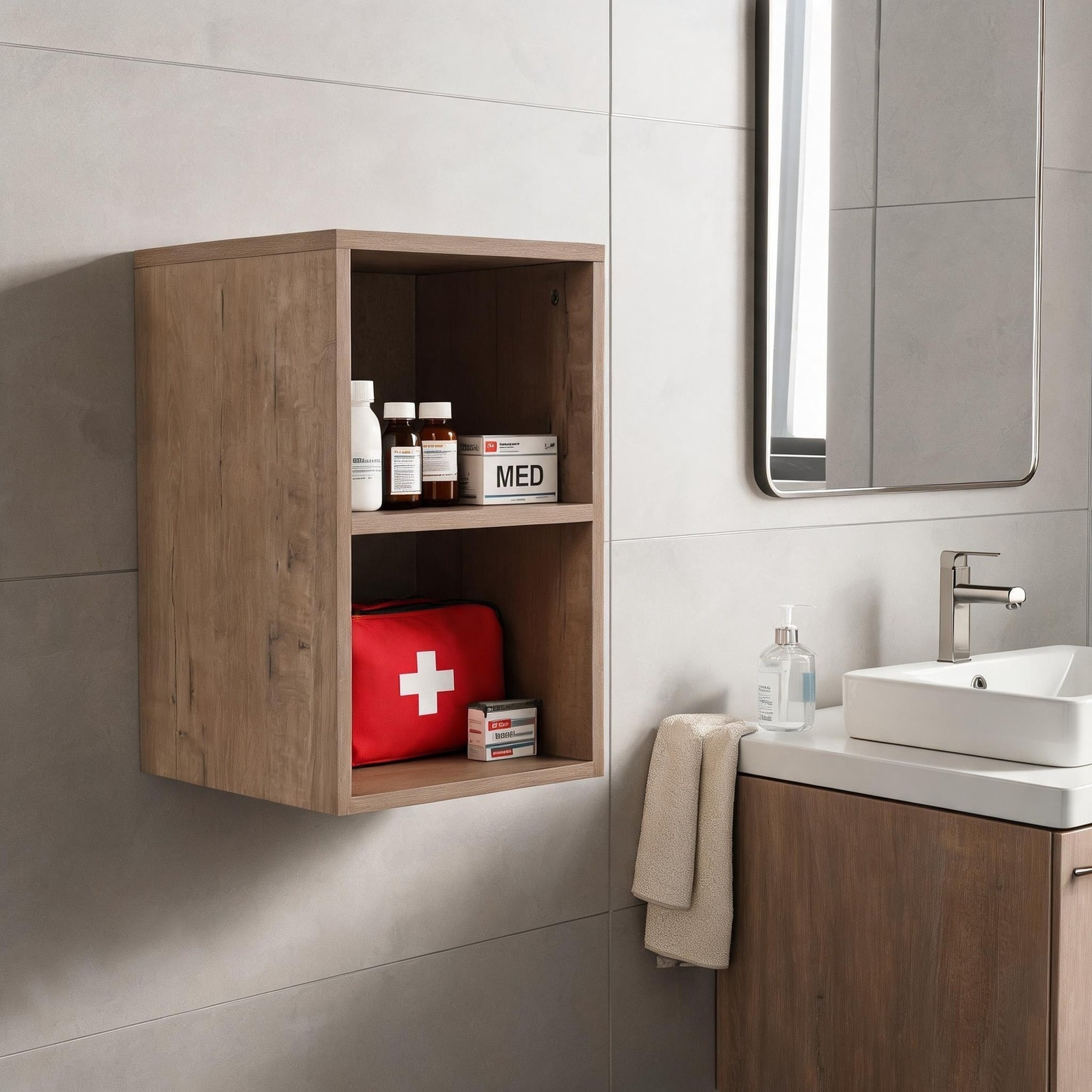 IAK 12 inch Imitative Oak Plywood Wall Mounted Storage Shelves with Two Open Compartments