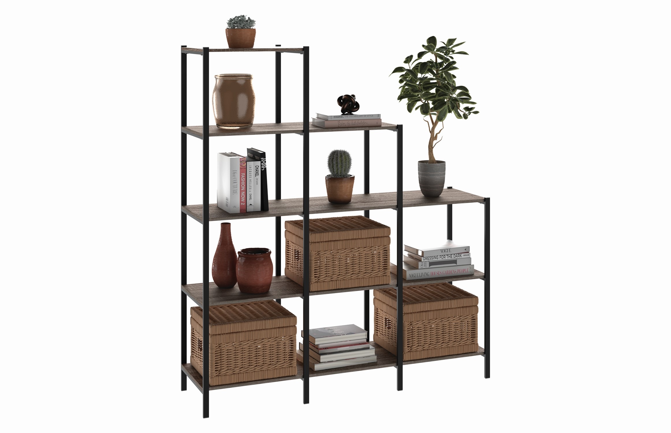 Weathered Gray 5-Tier Ladder Bookcase with Black Metal Frame