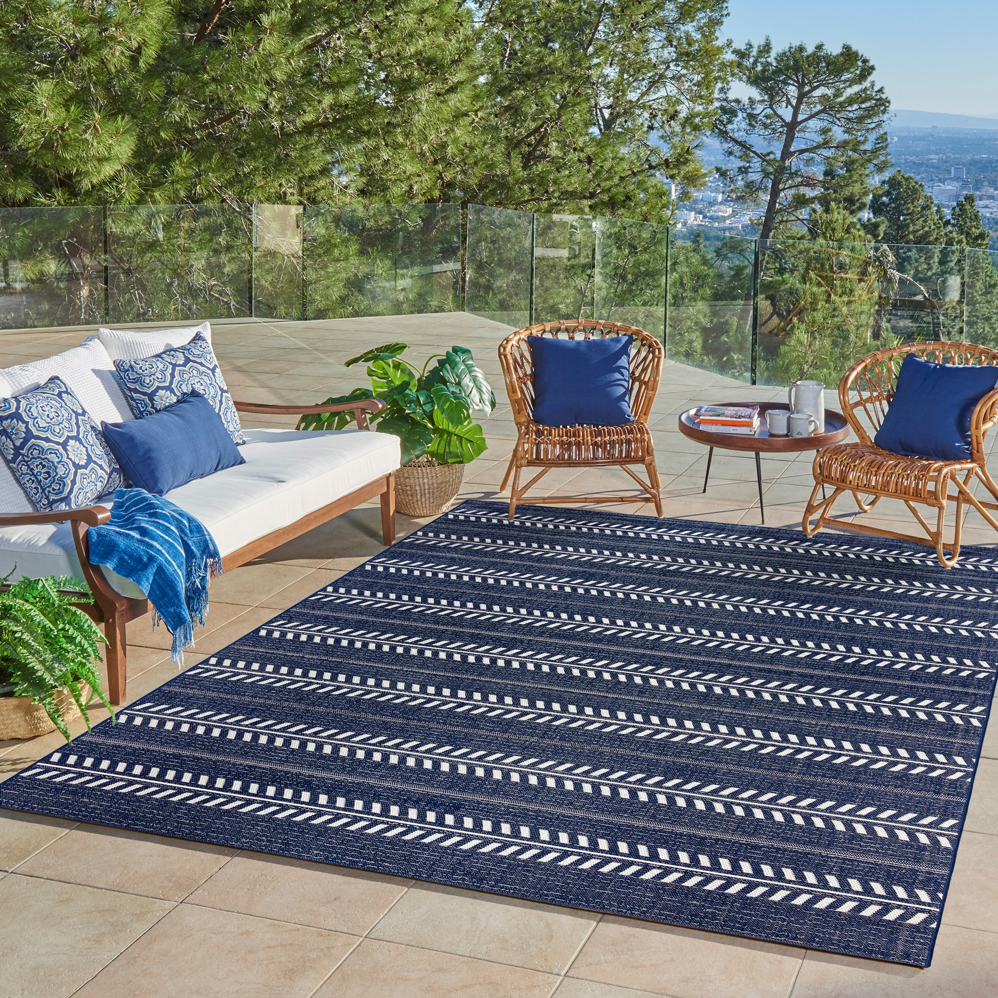 GERTMENIAN 25461 8 x 10 (ft) Polypropylene Navy/White Rectangular Indoor/Outdoor Stripe Bohemian/Eclectic Area rug