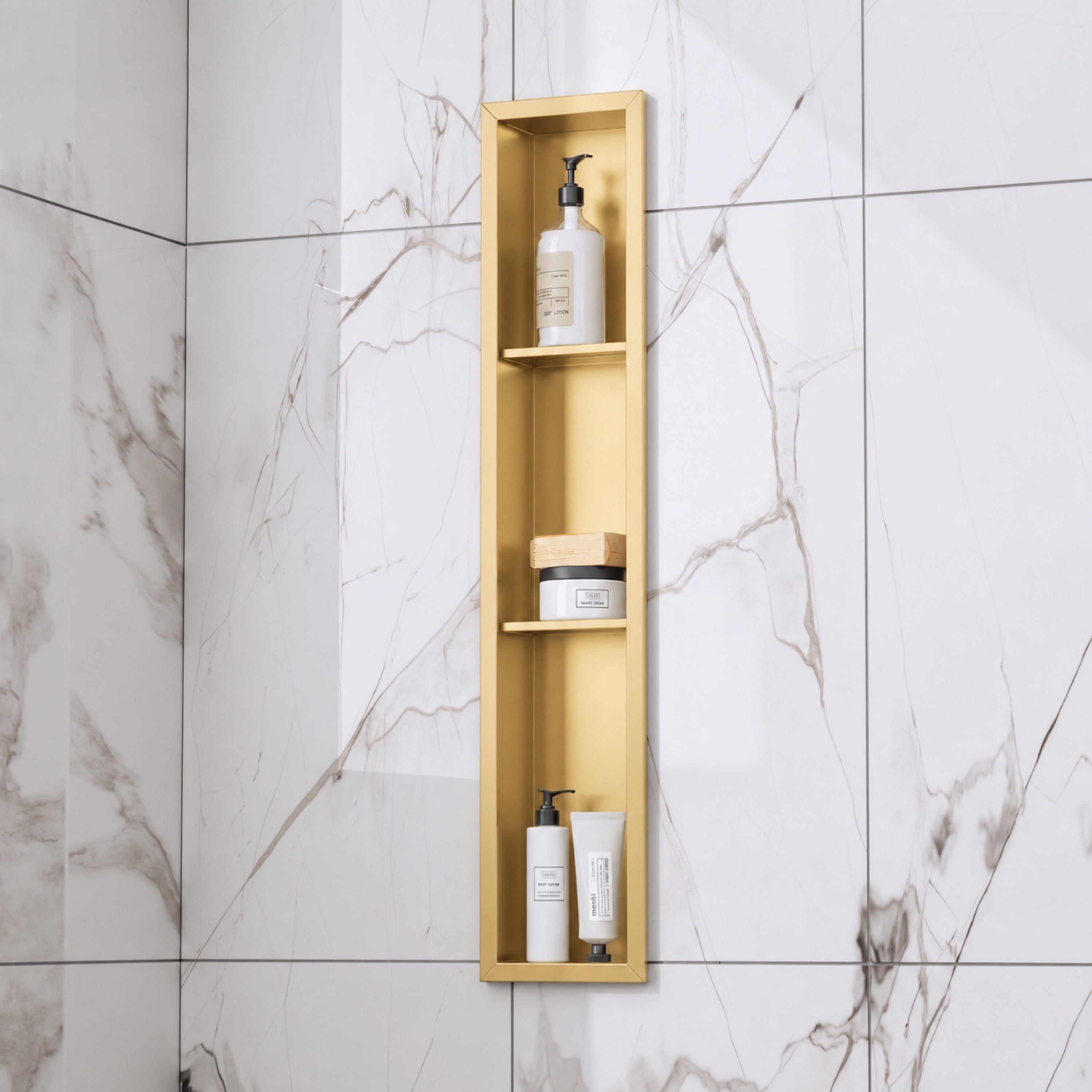 Yuaris 6 in. W x 36 in. H x 4 in. D Waterproof Stainless Steel Recessed Shower Niche with 3-Tier Shelves in Brushed Gold