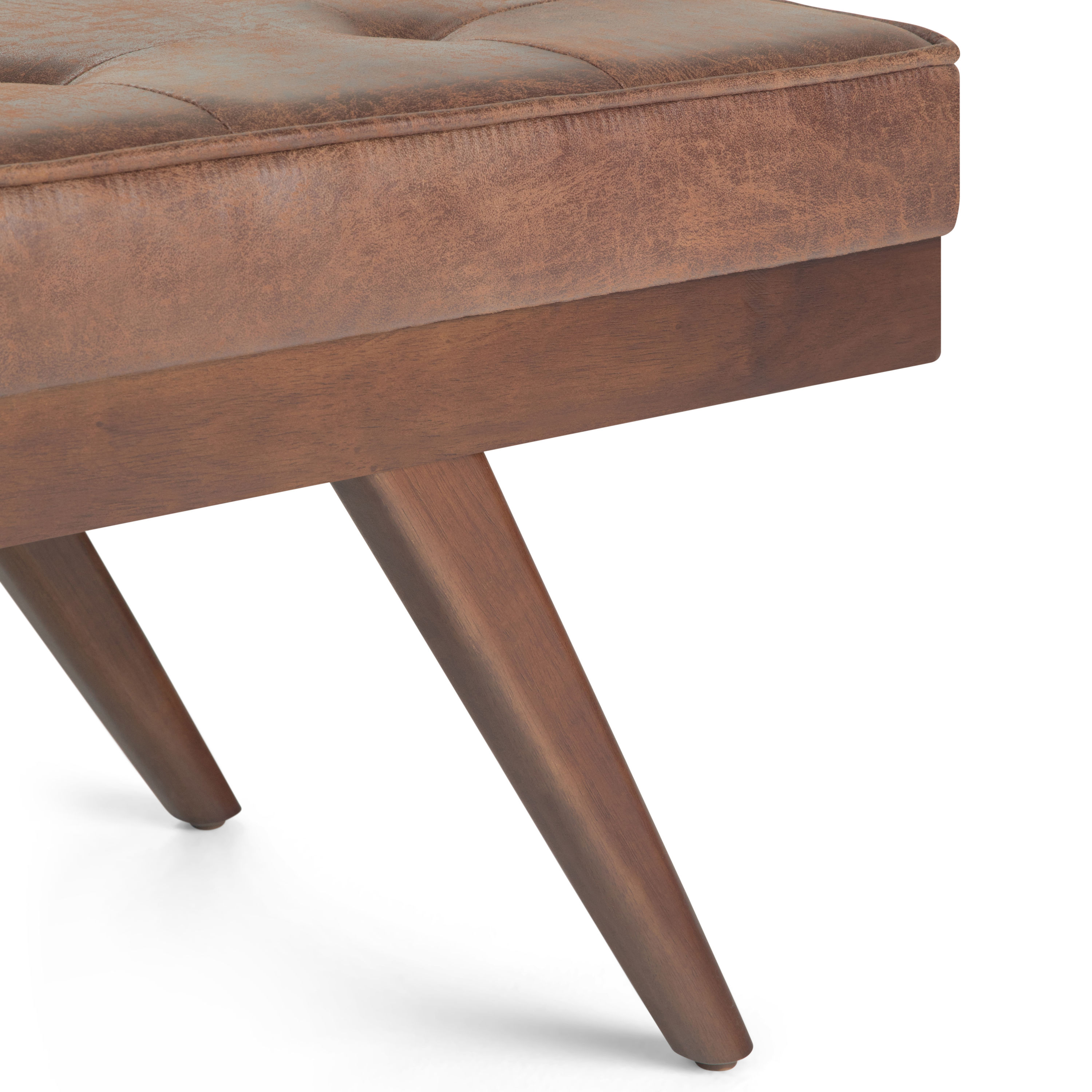 Pierce Distressed Umber Brown Faux Leather Tufted Mid-Century Ottoman Bench