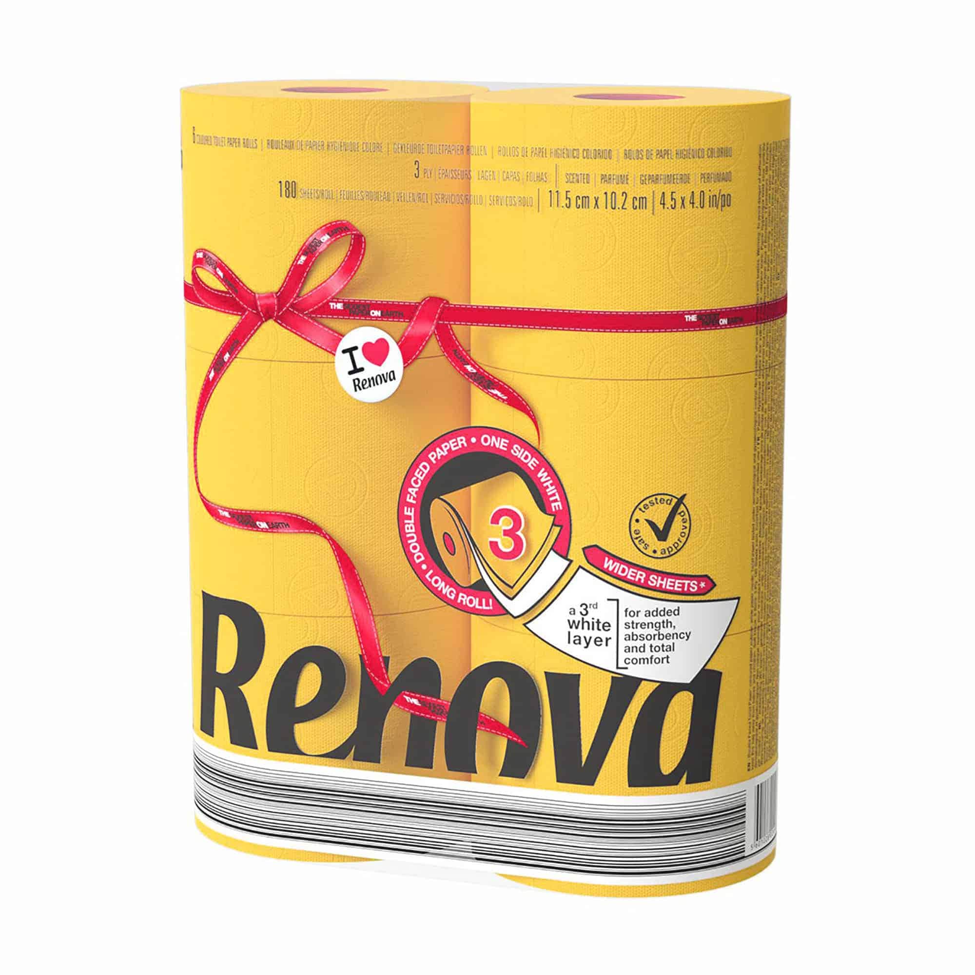 EVIDECO FRENCH HOME GOODS Renova Yellow Toilet Paper Jumbo Pack - 6 Rolls - 180 Sheets - 3 Ply - Eco-Certified - Septic Safe - Sunshine Bright Bathroom Tissue