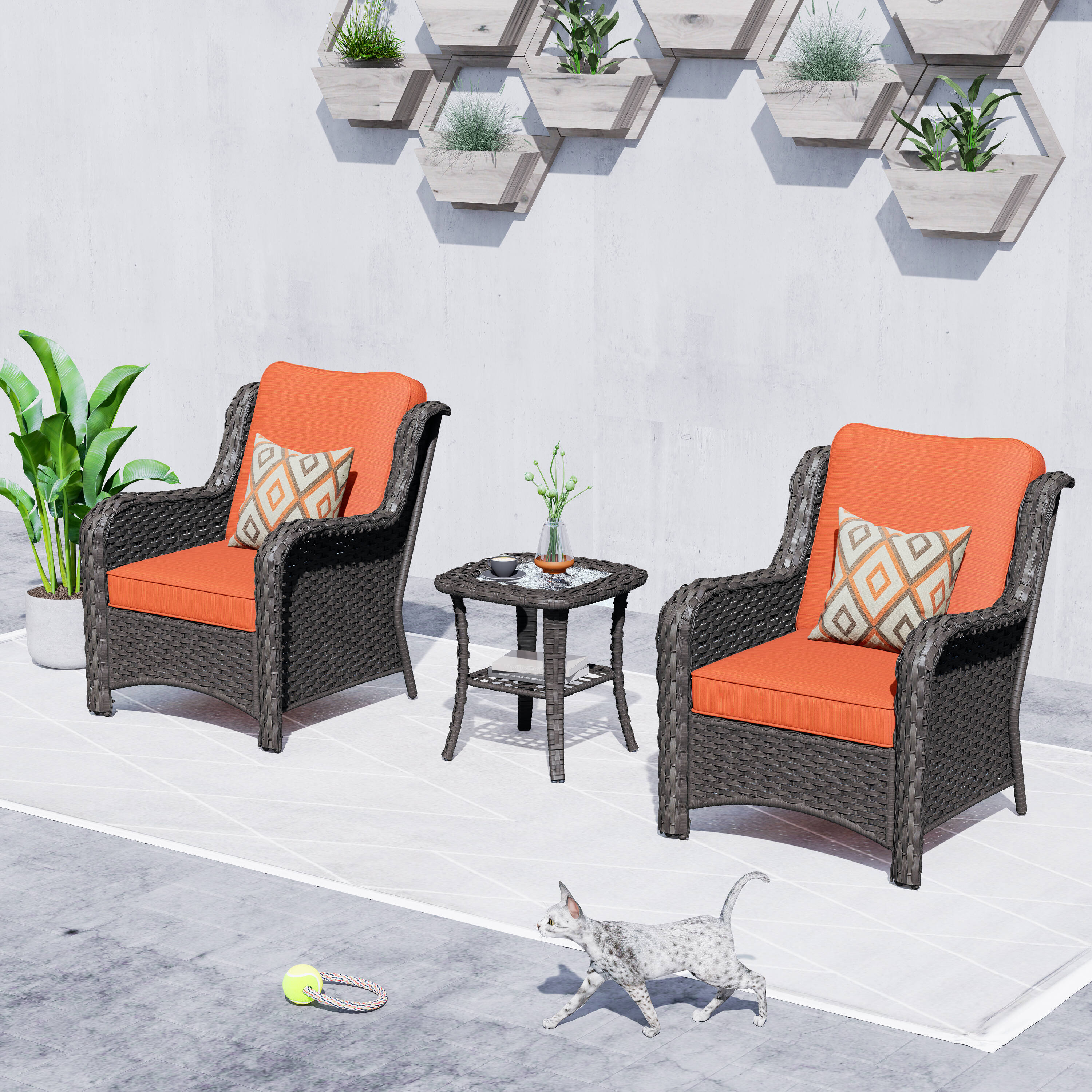 Ovios YZTNTC8022 3 -Piece Wicker Patio Conversation Set with Orange Cushions