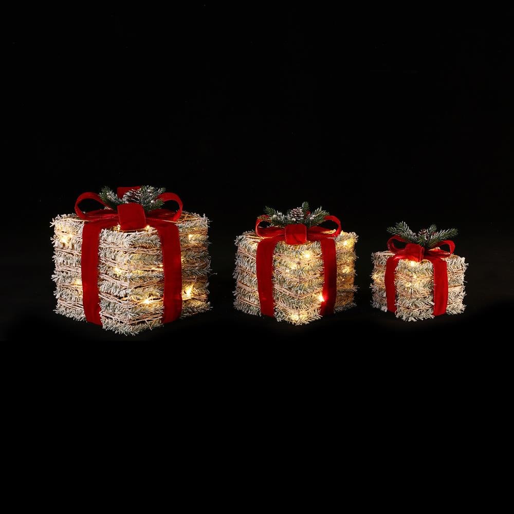 Frosted Faux Cedar Branch Giftbox Set with Lights
