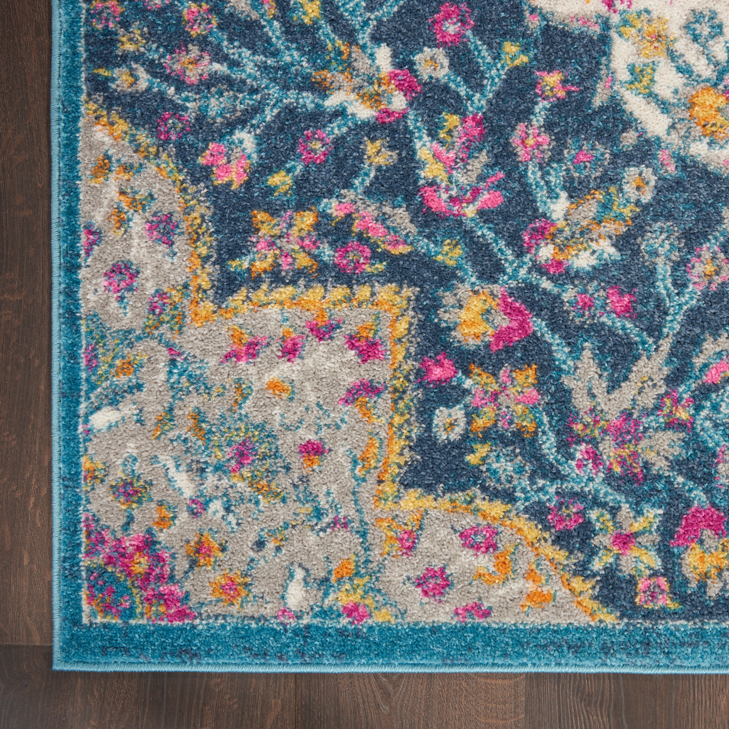 Blue and Pink Floral Synthetic 8' x 10' Reversible Rug