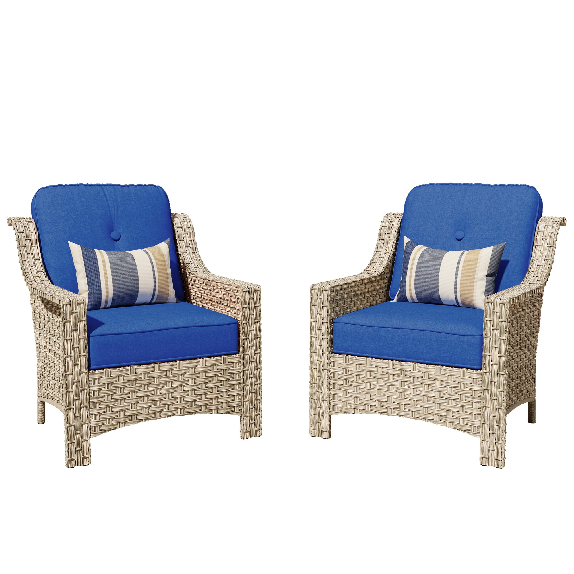Pouuin SFYT700 Set of 2 Wicker Gray Metal Frame Stationary Conversation Chair with Navy Cushioned Seat