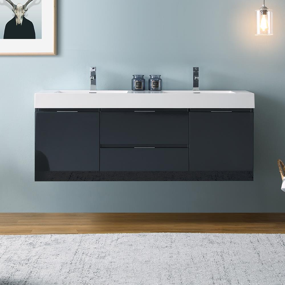 Glossy Gray 60" Wall-Mount Double Sink Modern Vanity