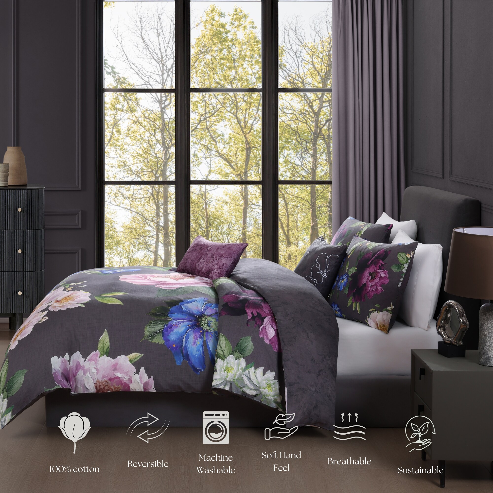 Elegant Blossoms Gray Cotton Queen Reversible Comforter Set
