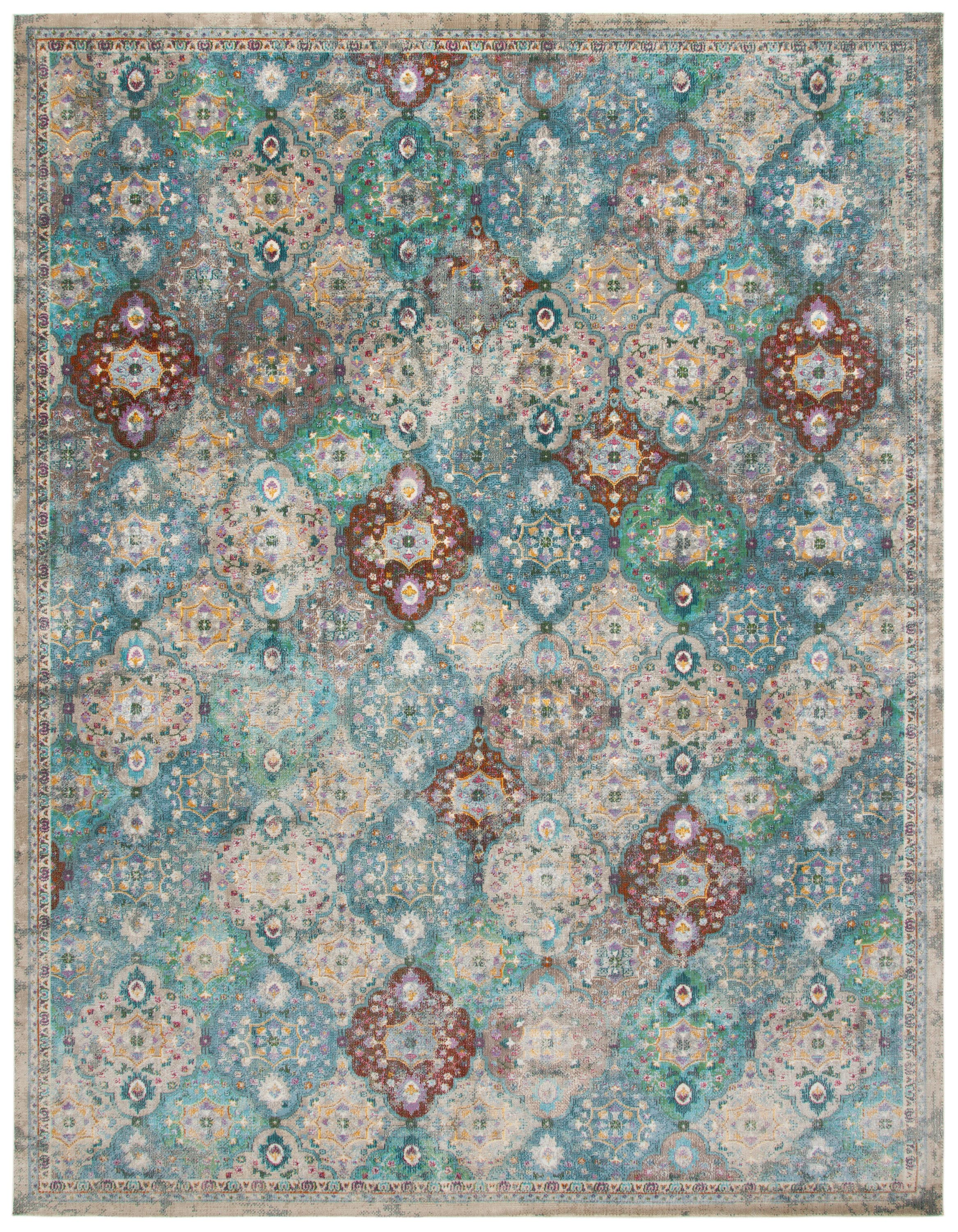 Ivory and Turquoise Hand-Knotted Viscose 8' x 10' Area Rug