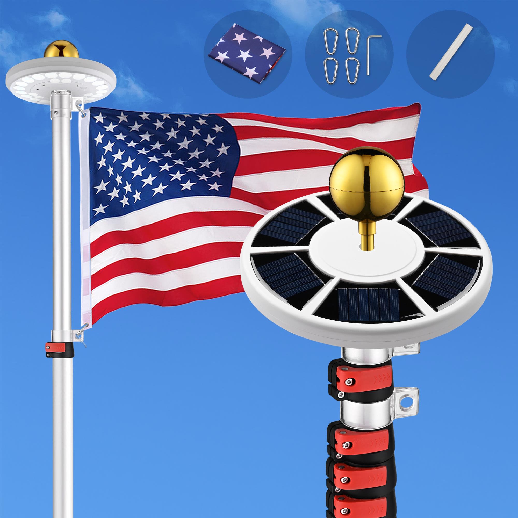 Yescom 22FLPSET039-20-11-LO EZ GO 20 Ft Telescopic Flag Pole Kit with 26 LED Solar Light US Flag Gold Ball