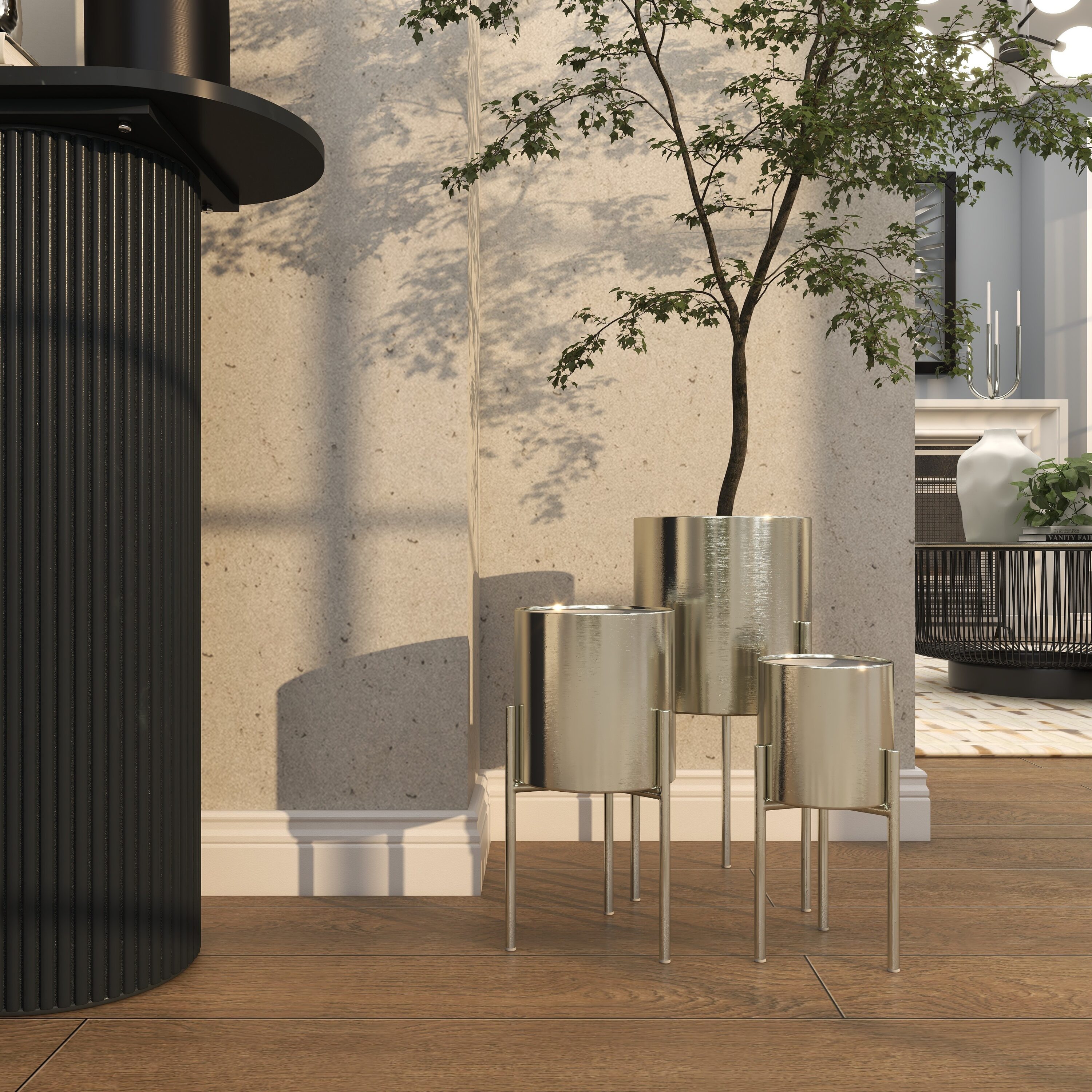 Elevated Trio Metallic Silver Iron Planters, Set of 3