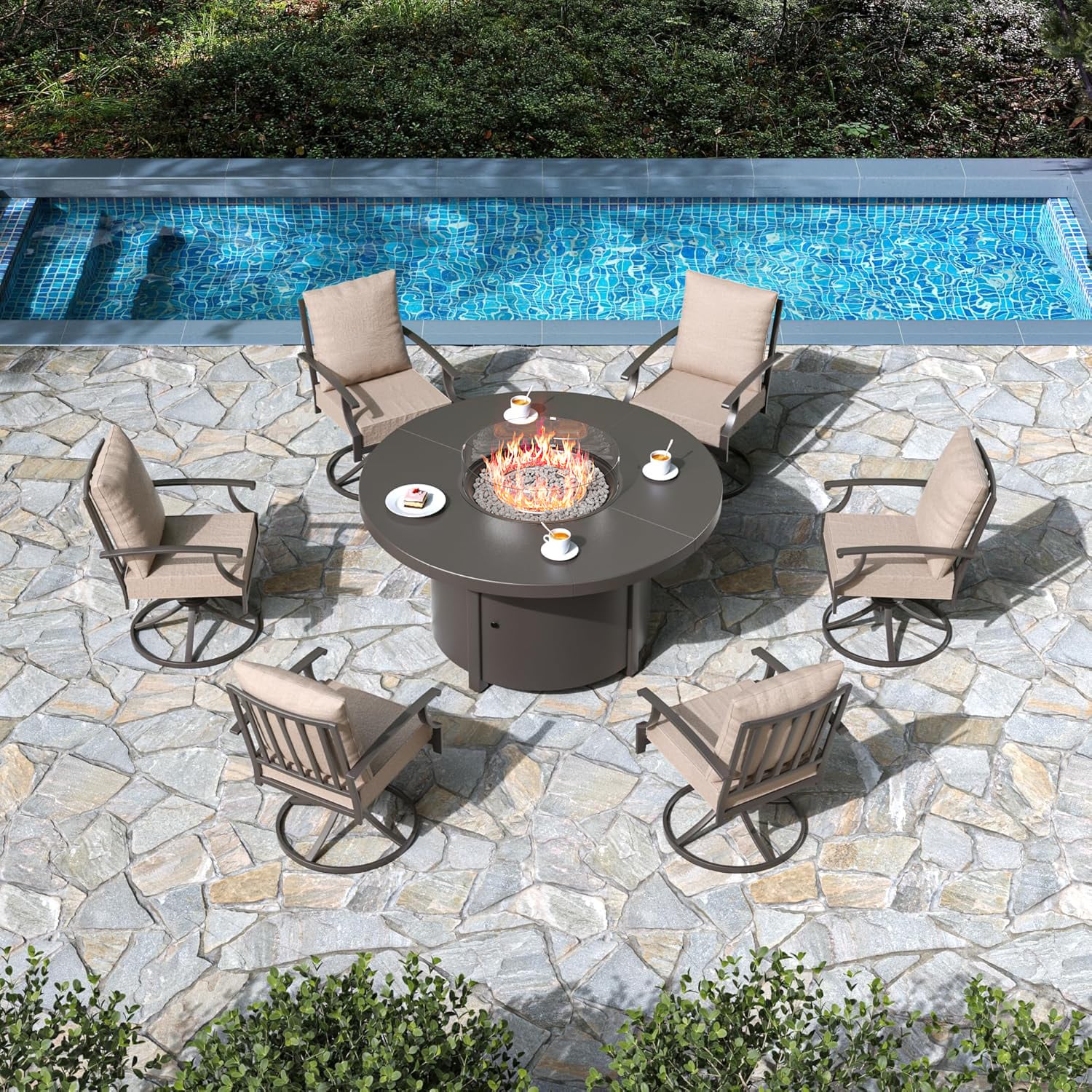 Haxvin 6 High-Back Swivel Chairs with Round Gas Fire Pit Table and