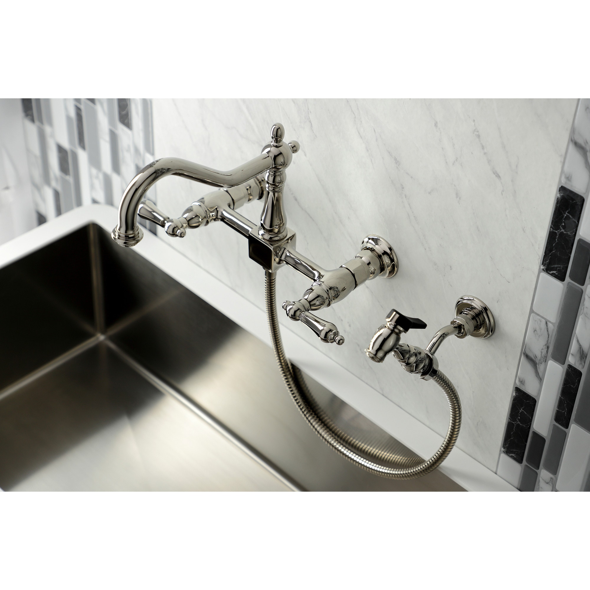 Kingston Brass WLKS1246ALBS Polished Nickel Double Handle Wall-mount Kitchen Faucet ( Side Sprayer Included )