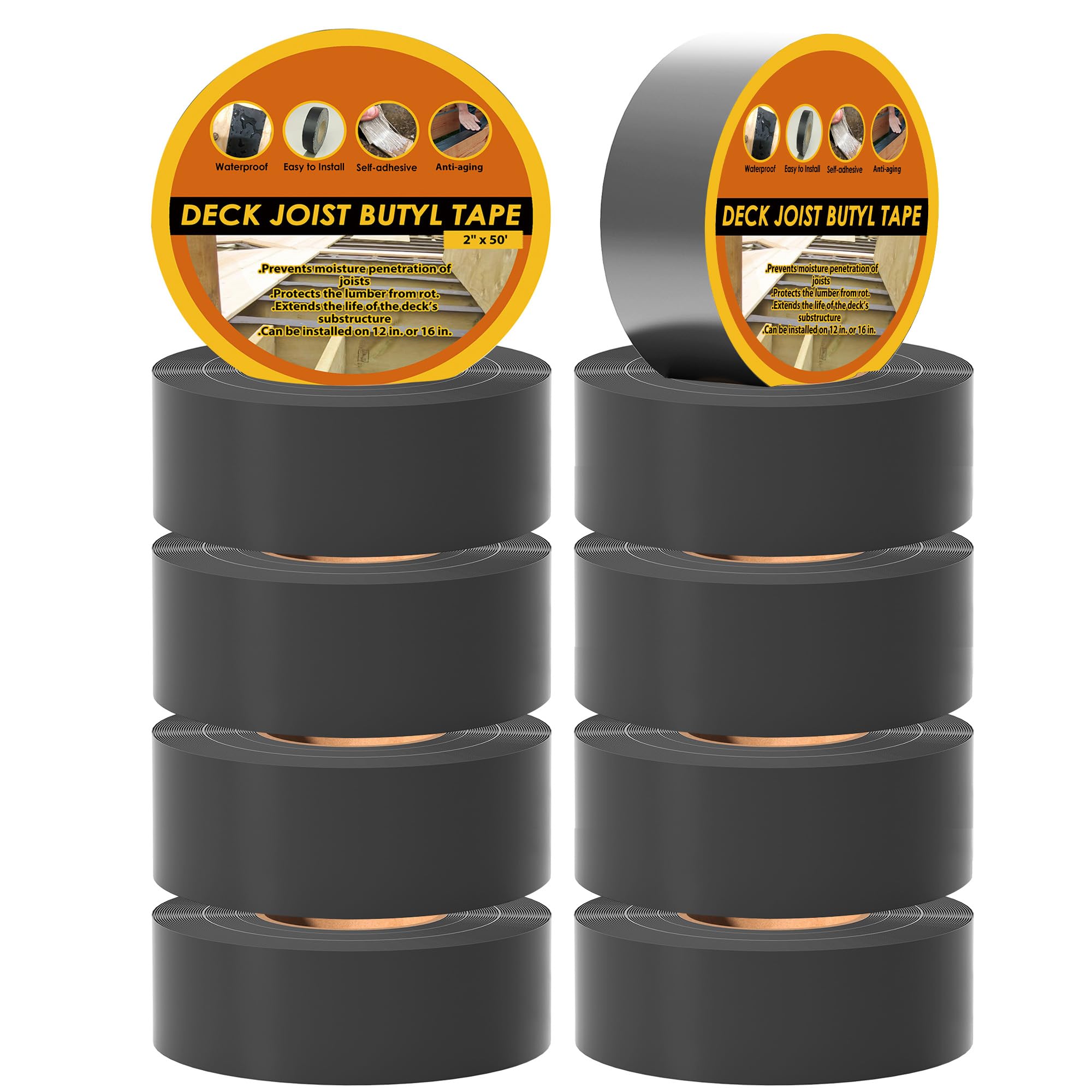 Afoxsos  Butyl Joist Tape for Decking 2 in x 50 ft 10 Rolls Weather Resistant Self Adhesive Flashing Tape for Wood Decks Beams Roof Waterproof