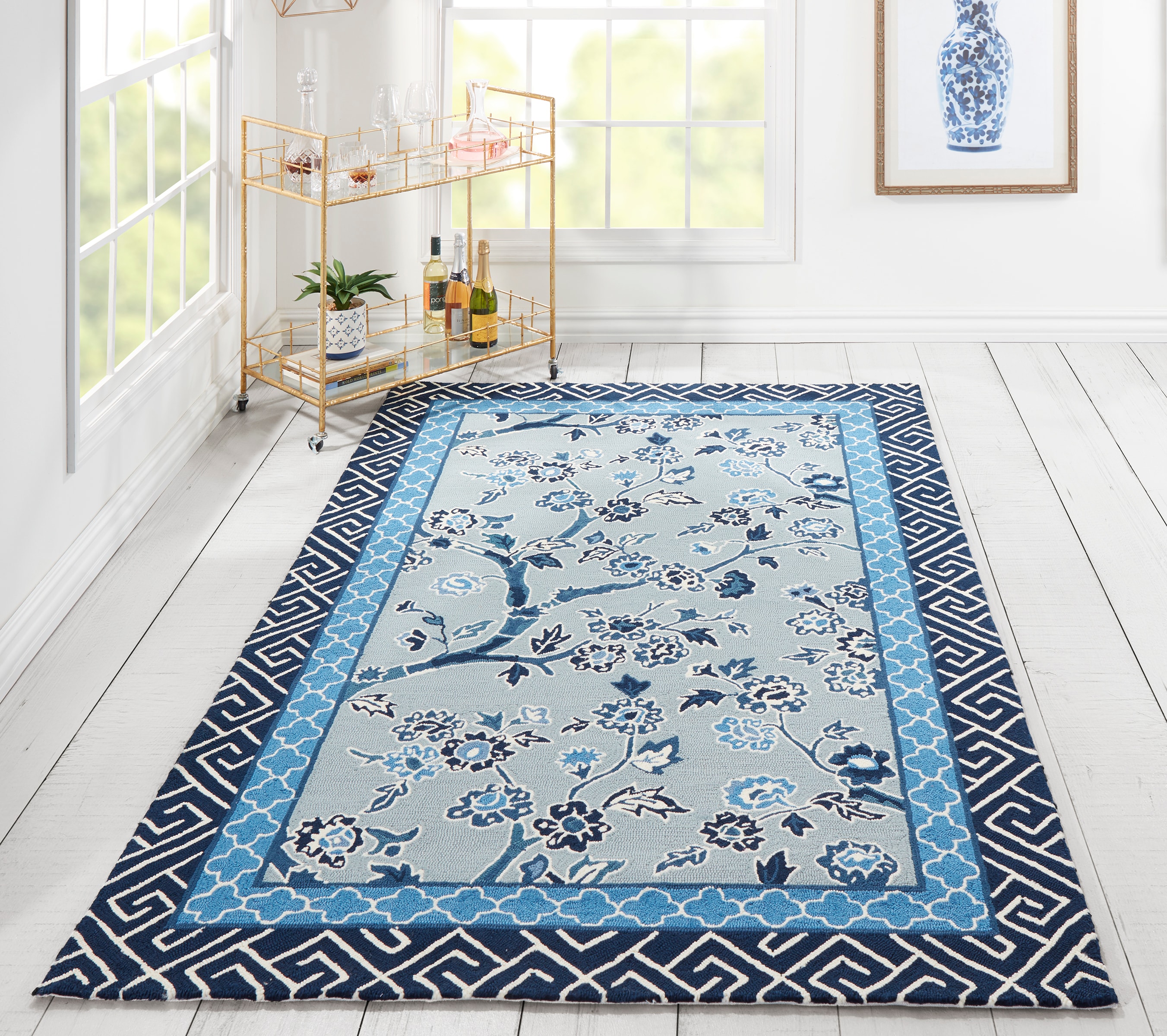 Momeni UNDERUND-5BLU5080 Under A Loggia 5 x 8 (ft) Hooked Polypropylene Blue Rectangular Indoor/Outdoor Floral/Botanical Coastal Area rug
