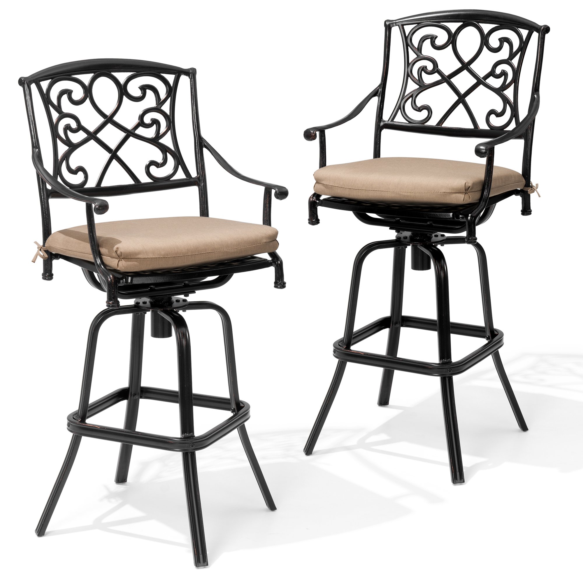 Crestlive Products CL-ST003BEI-2 Cast Aluminum Frame Height Swivel Bar Stool Set of 2 Brown Aluminum Frame Stationary Bar Stool Chair with Off-white Cushioned Seat