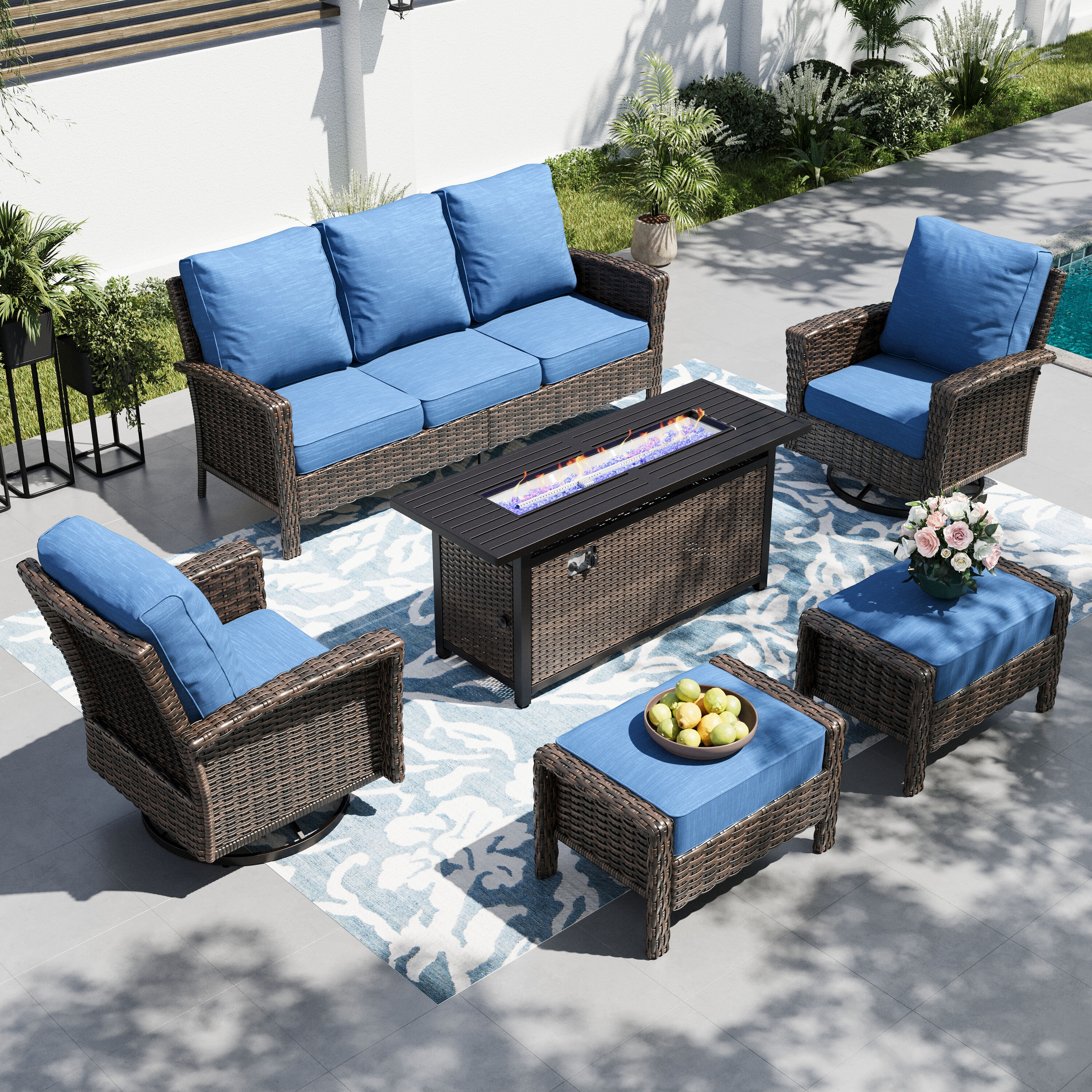 Sunshine Valley CR006-06-9-GS103-BU 6 -Piece Wicker Patio Sofa Conversation Set with Blue CUSHION PRO Cushions