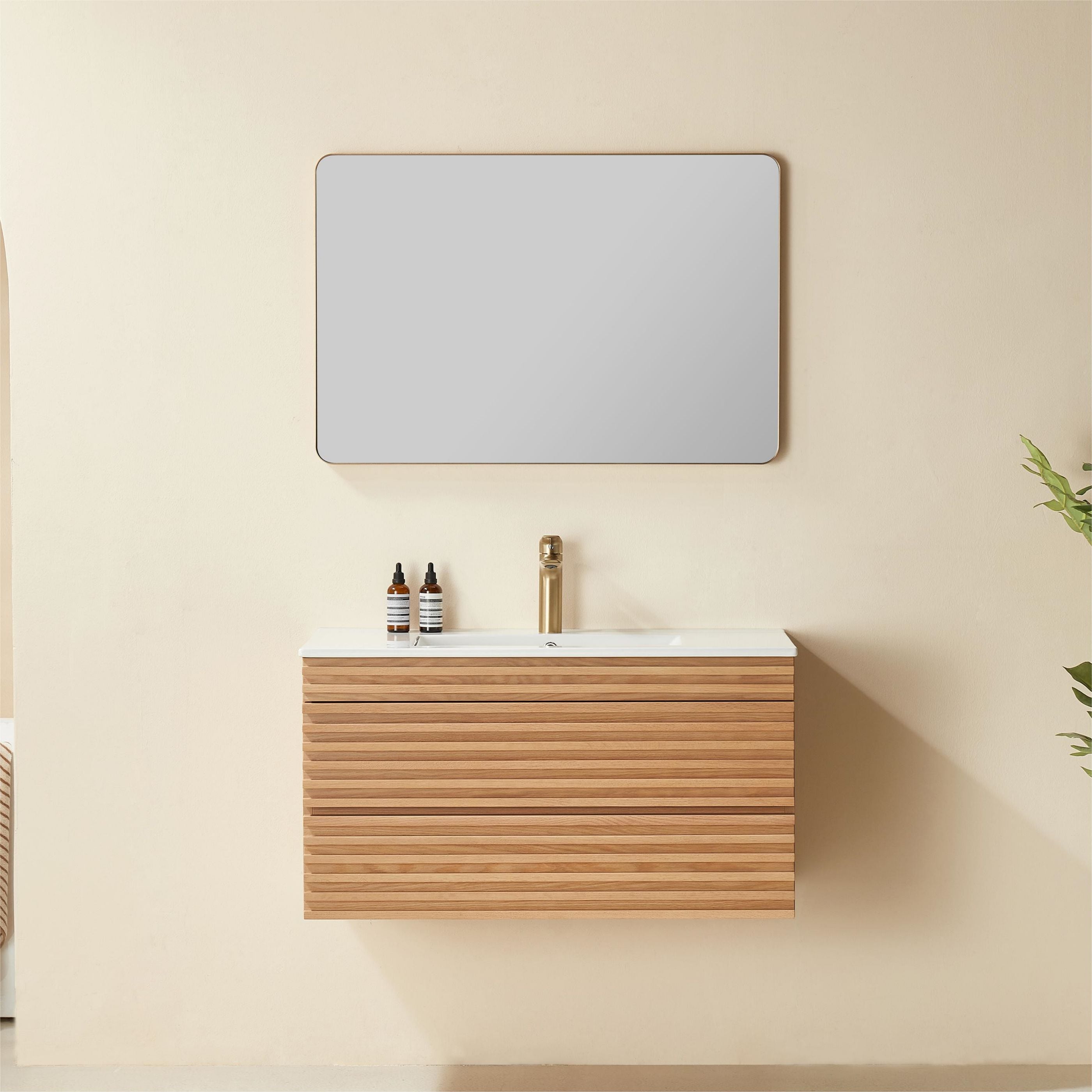 WELLFOR Fully Assembled 36-in Walnut Undermount Single Sink Bathroom Vanity with White Ceramic Top (Fully Assembled)