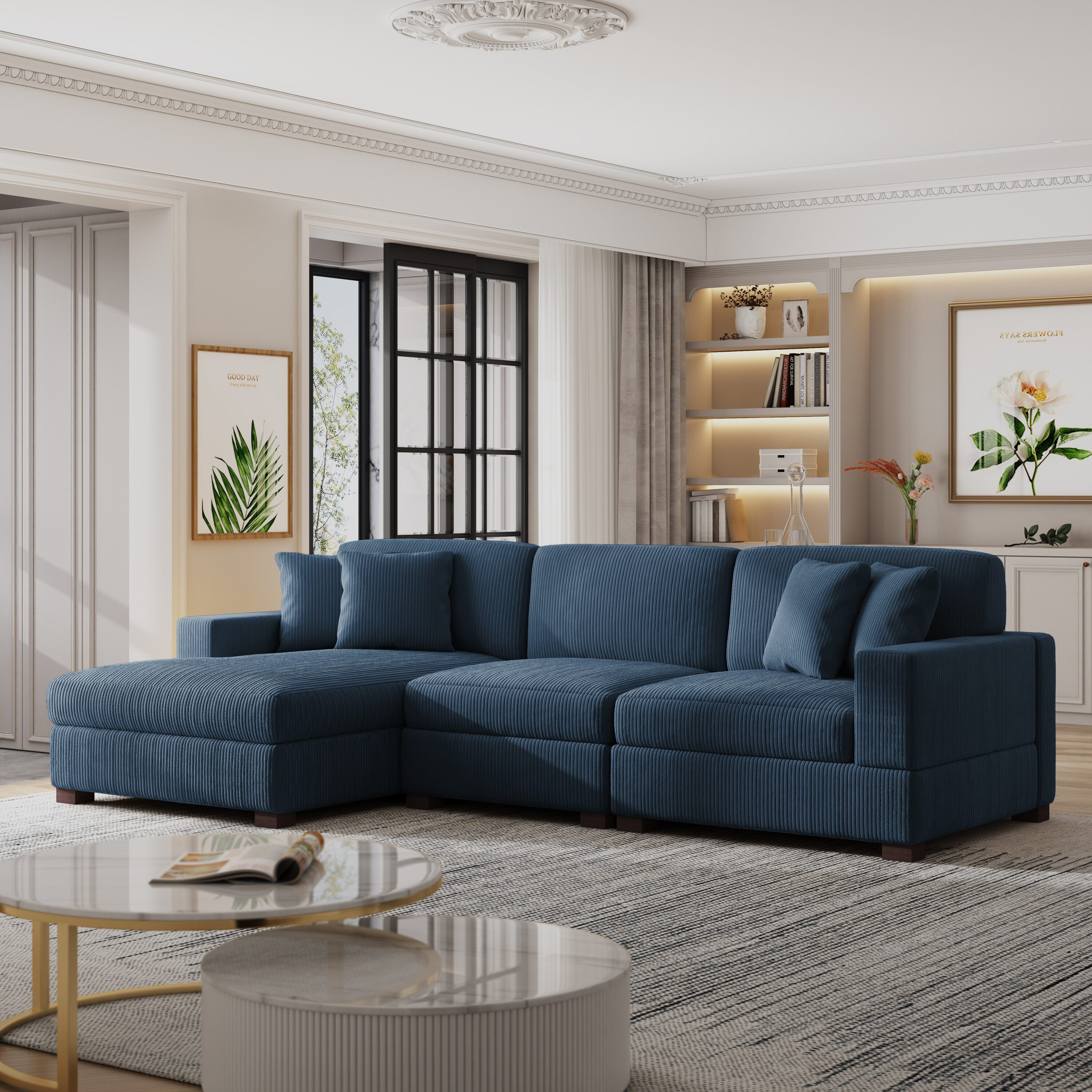 Dreamsidea Sectional Sofa 118-In W  4 Seaters Corduroy Modural Sofa Bed L-Shaped for Living Room Modern Style - Navy