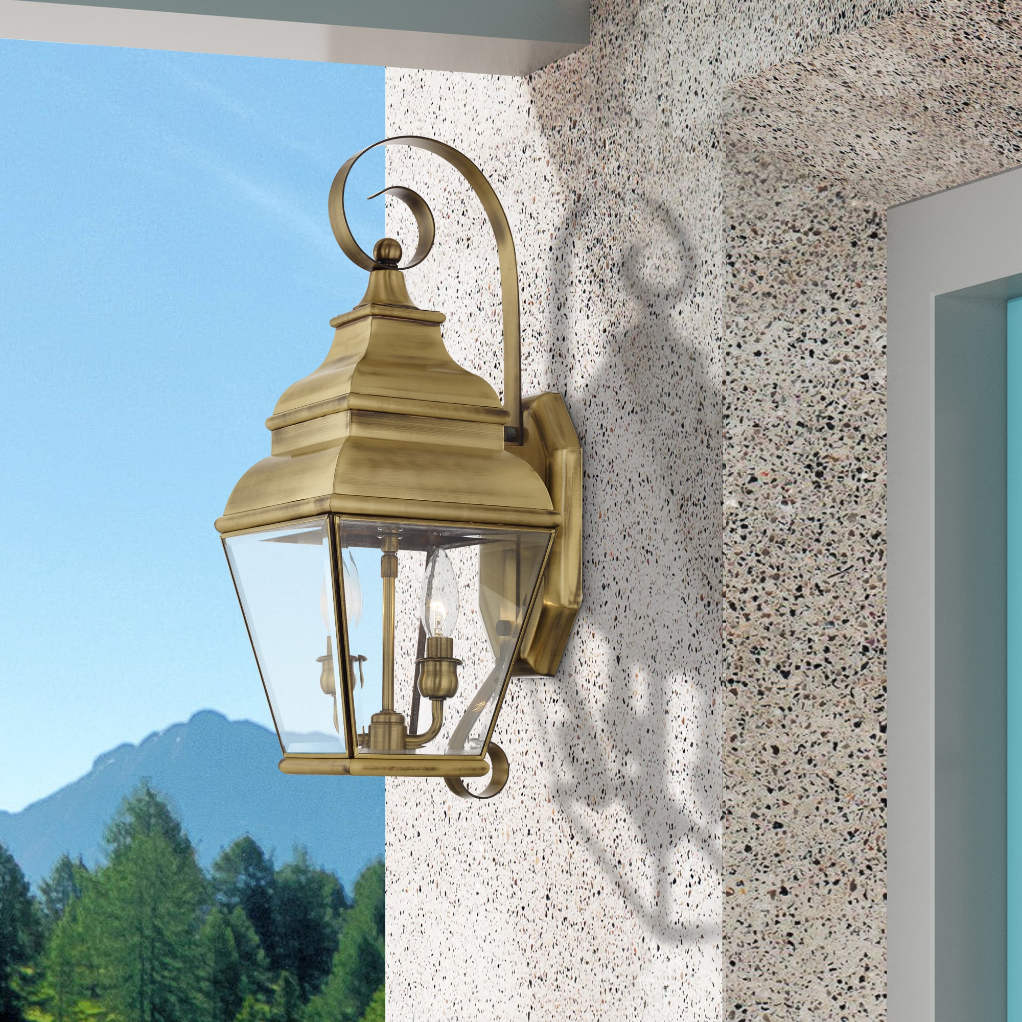 Antique Brass 2-Light Outdoor Wall Lantern with Clear Glass