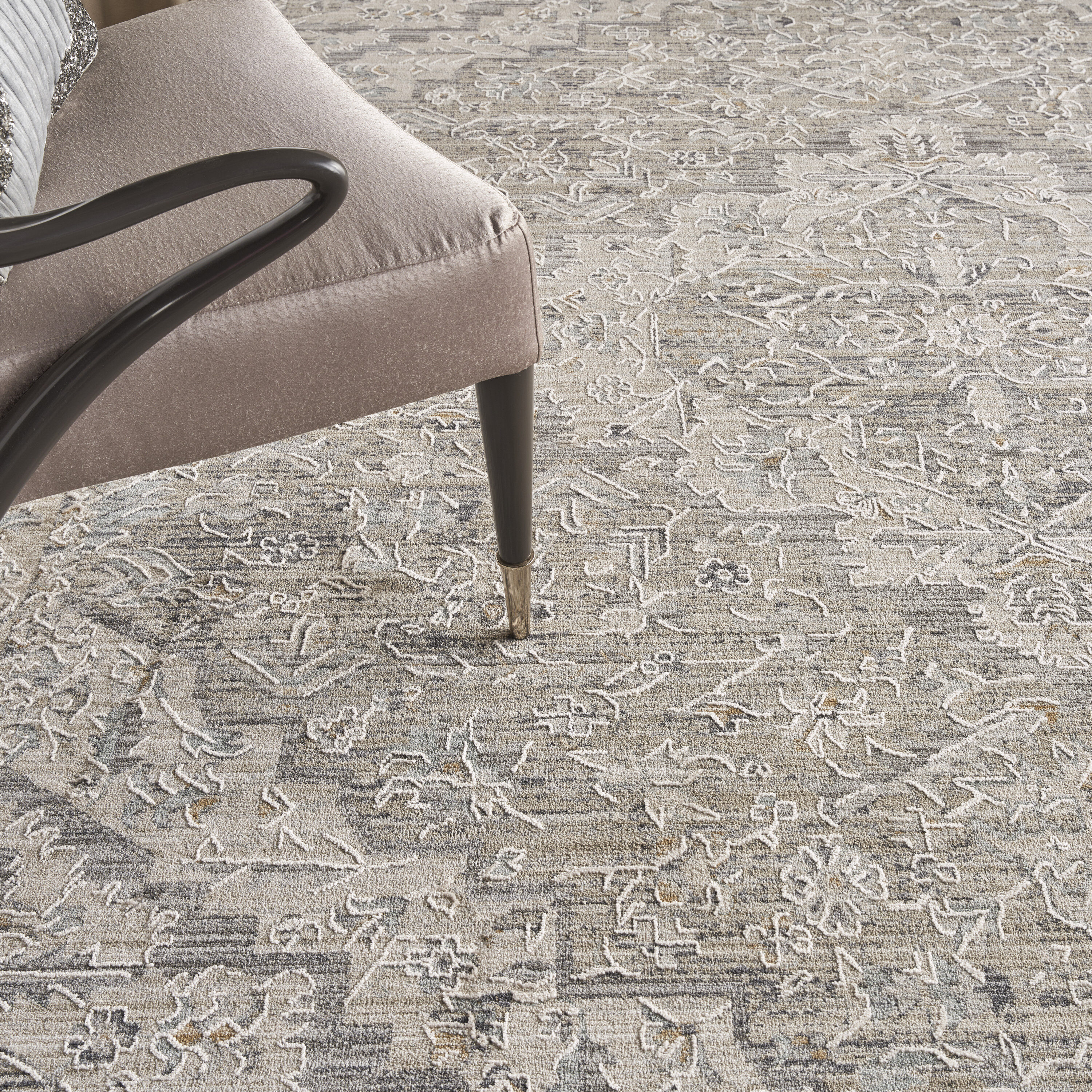 Ivory Taupe Floral Synthetic Round Washable Rug