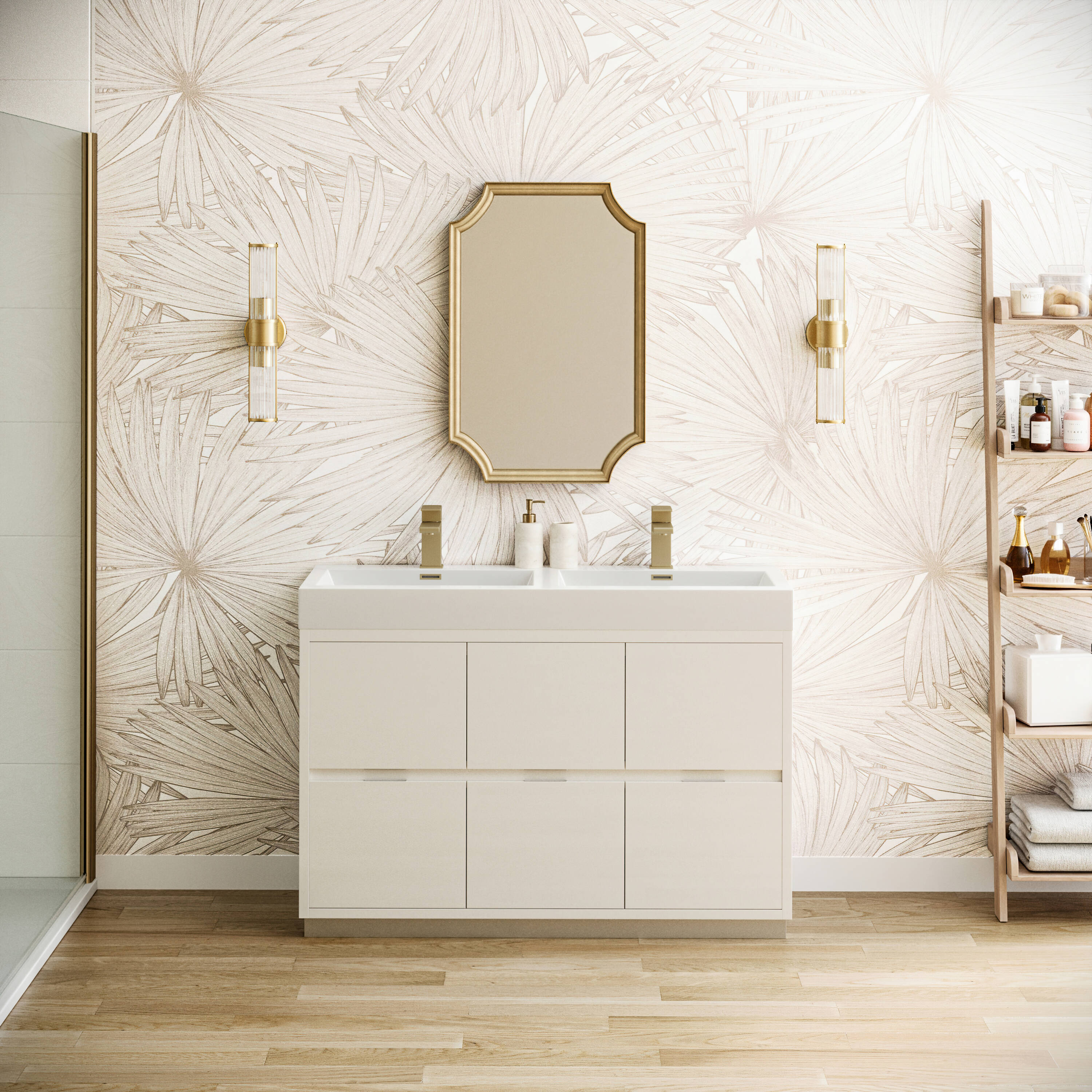 Fresca FCB8448WH-D-I Valencia 48-in Glossy White Double sink Bathroom Vanity with White Acrylic Top