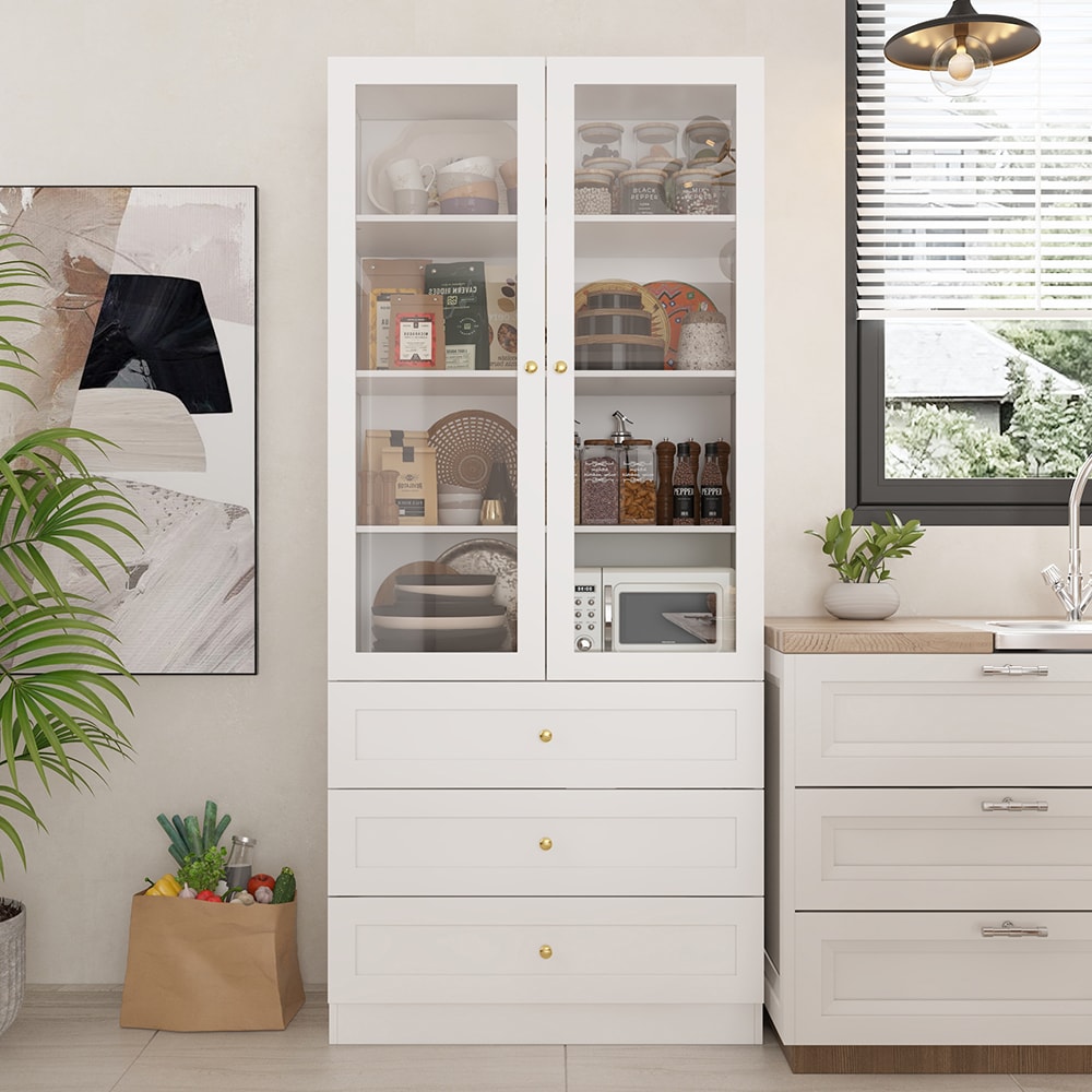 Homsee C-KF390070-01 Elegant White MDF Storage Cabinet with Tempered Glass Doors 3 Adjustable Shelves and Spacious Drawers for Home