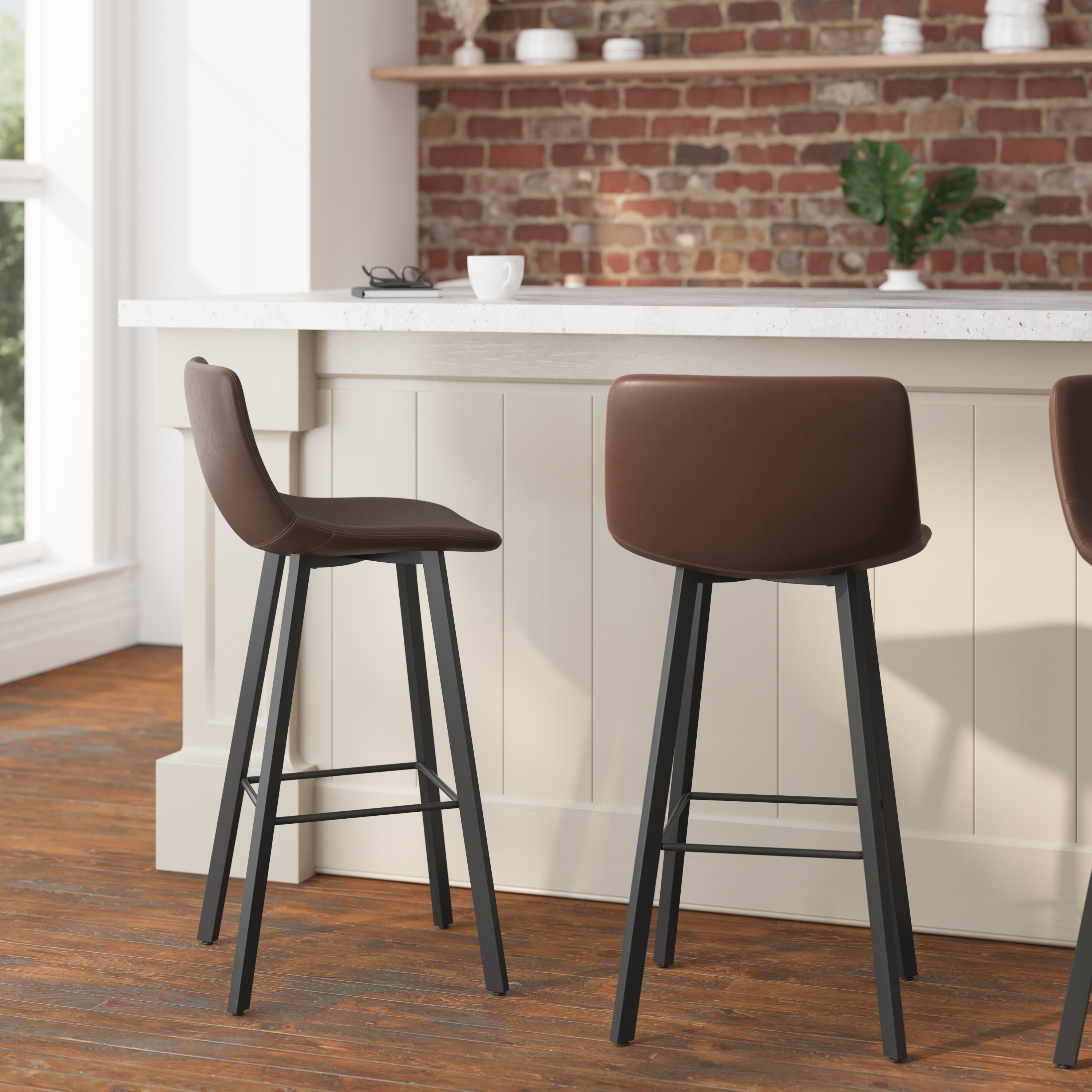 Chocolate Brown Faux Leather Counter Stools with Metal Frame, Set of 2