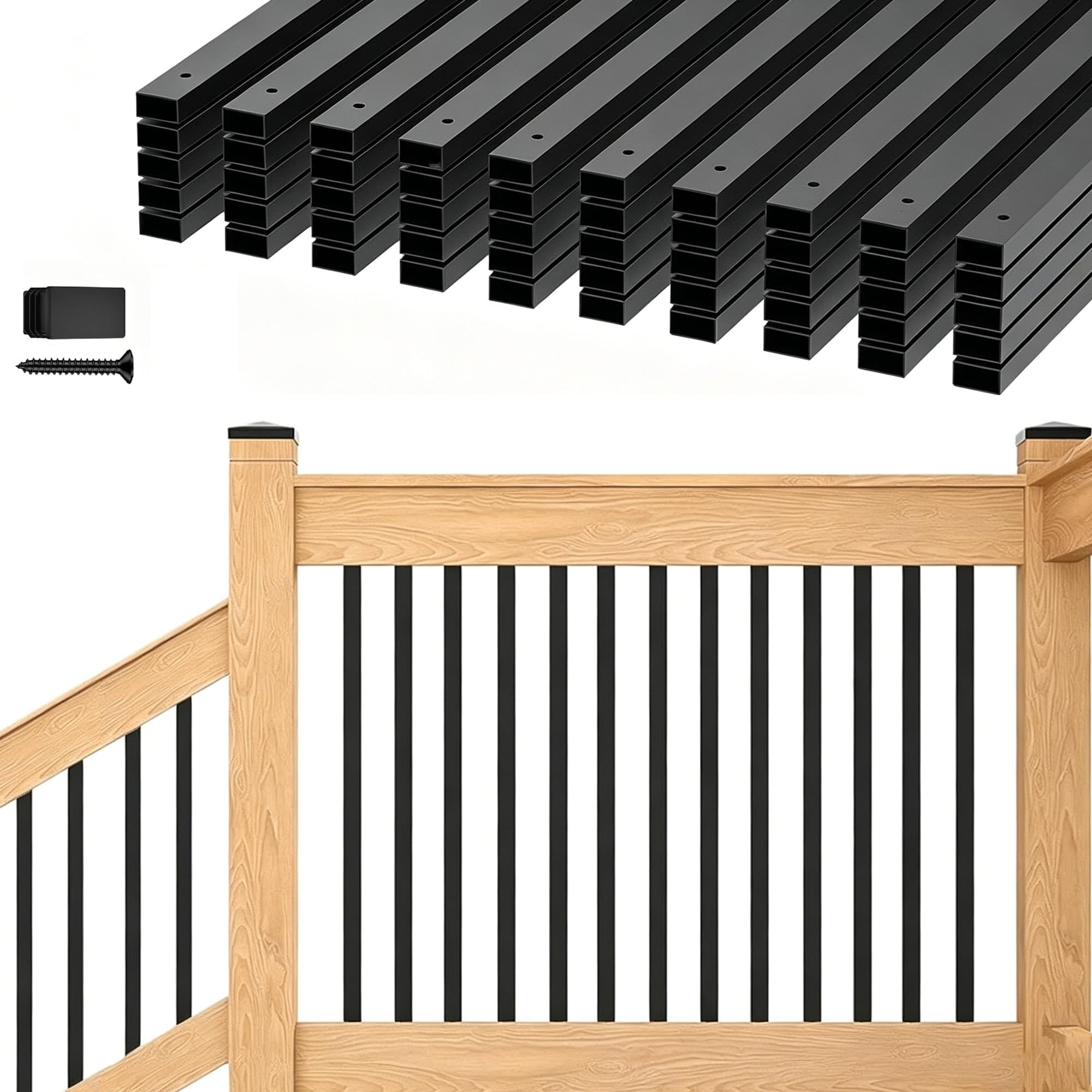 Adrinfly  61 pack 36 inch black iron deck balusters heavy duty rustproof railing spindles with screws cuttable hollow rectangle for stairs porch