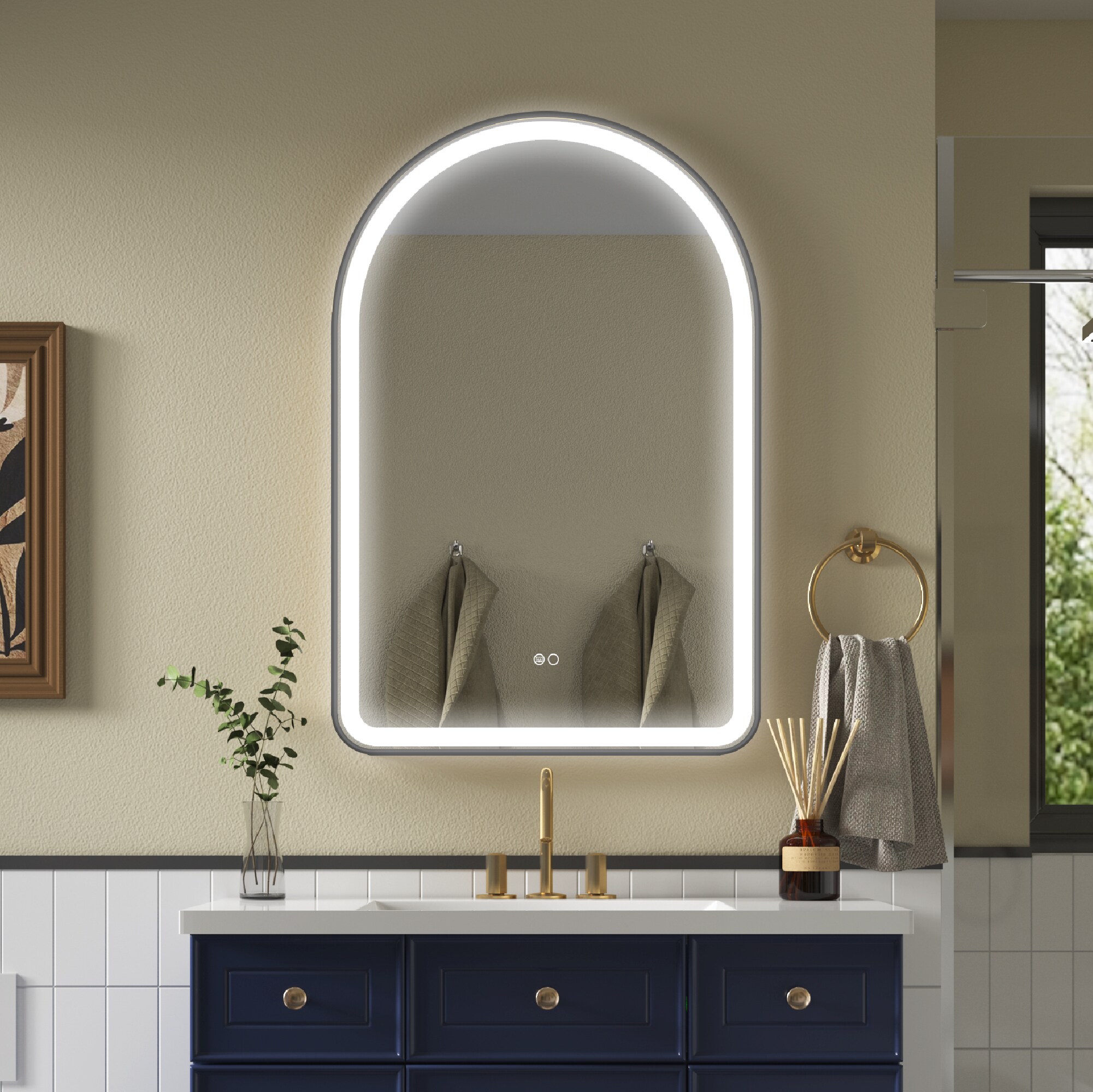 Forclover 24-in x 36-in Framed Arch Dimmable Lighted Fog Free Bathroom ...