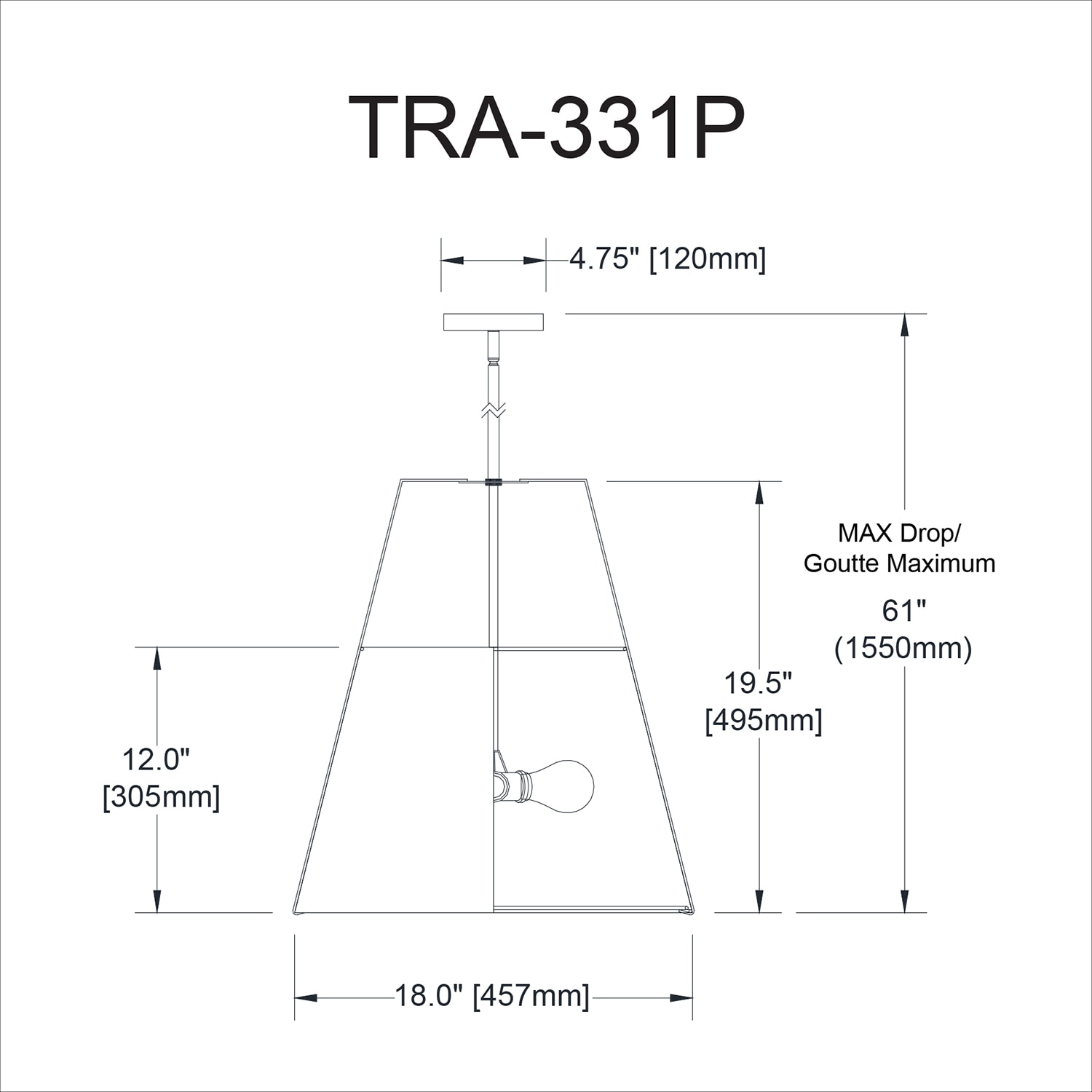 Trapezoid 3-Light 18" Black Drum Pendant with White Shade