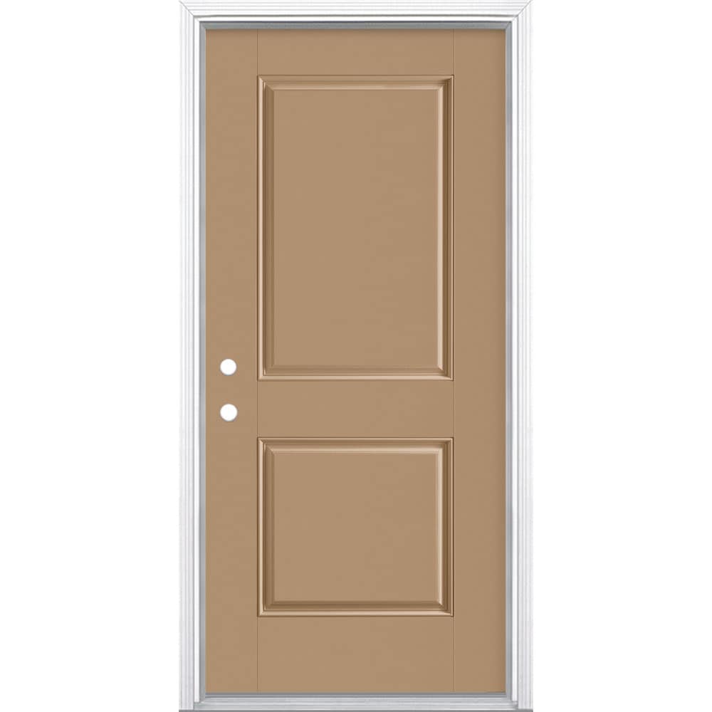 Masonite 1218148 36-in x 80-in x 4-9/16-in Fiberglass No glass Right-hand inswing Warm Wheat Painted Prehung Front Door with Brickmould Insulating core