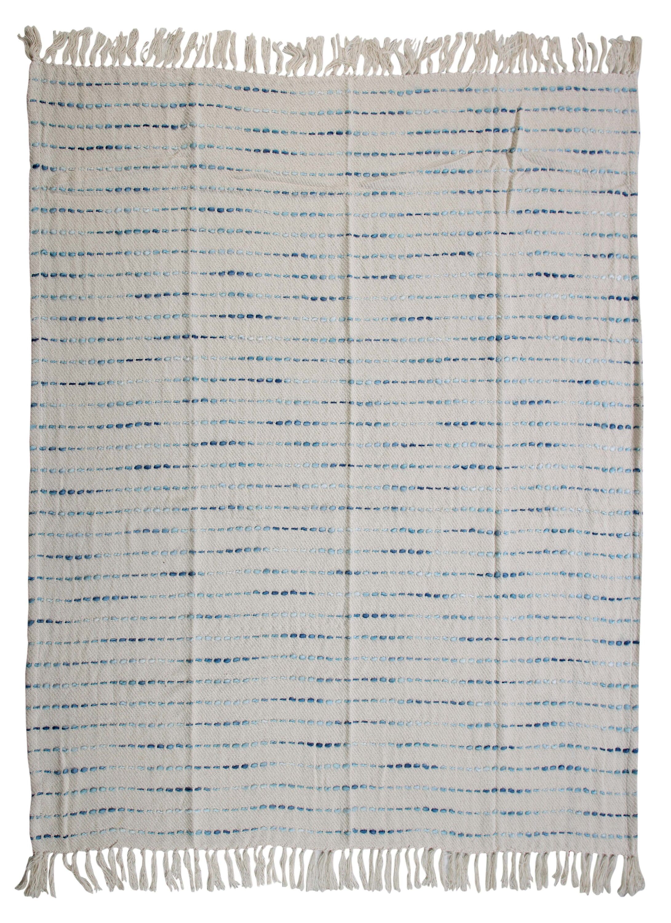 Cream and Blue Cotton Reversible Throw Blanket, 50" x 60"
