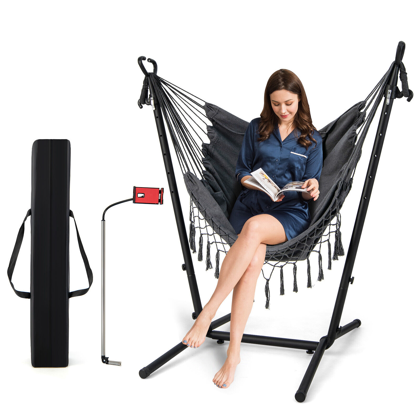 Slickblue D-CO-RG85901PN Hammock Chair with Adjustable Stand - Outdoor Gray Modern Hanging Chair with Stand Included – Ergonomic Design Retractable Phone Holder for Porch Patio or Living Room