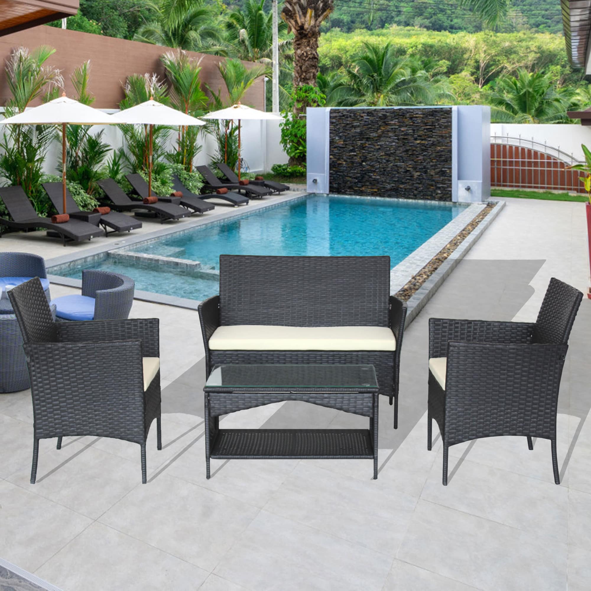 ModernLuxe L-W20901064 4 -Piece Rattan Patio Conversation Set with Off-white Cushions