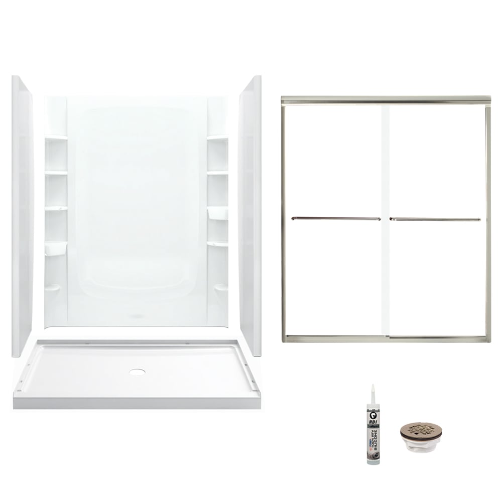 Sterling 7233-5475NC-0 Store+ 5 -Piece 34-in W x 60-in L x 76-in H Rectangular Alcove shower kit ( Center Drain) Base, Wall, Door and Drain Included Brushed nickel Hardware Included