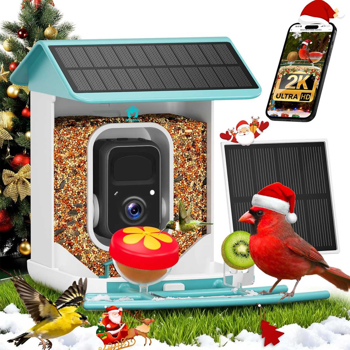 Aoibox  Smart Bird Feeder Camera AI Identifies 11000 Species 2K HD Night Vision Solar Powered 1 Piece Wireless Outdoor Birdhouse 64G Card