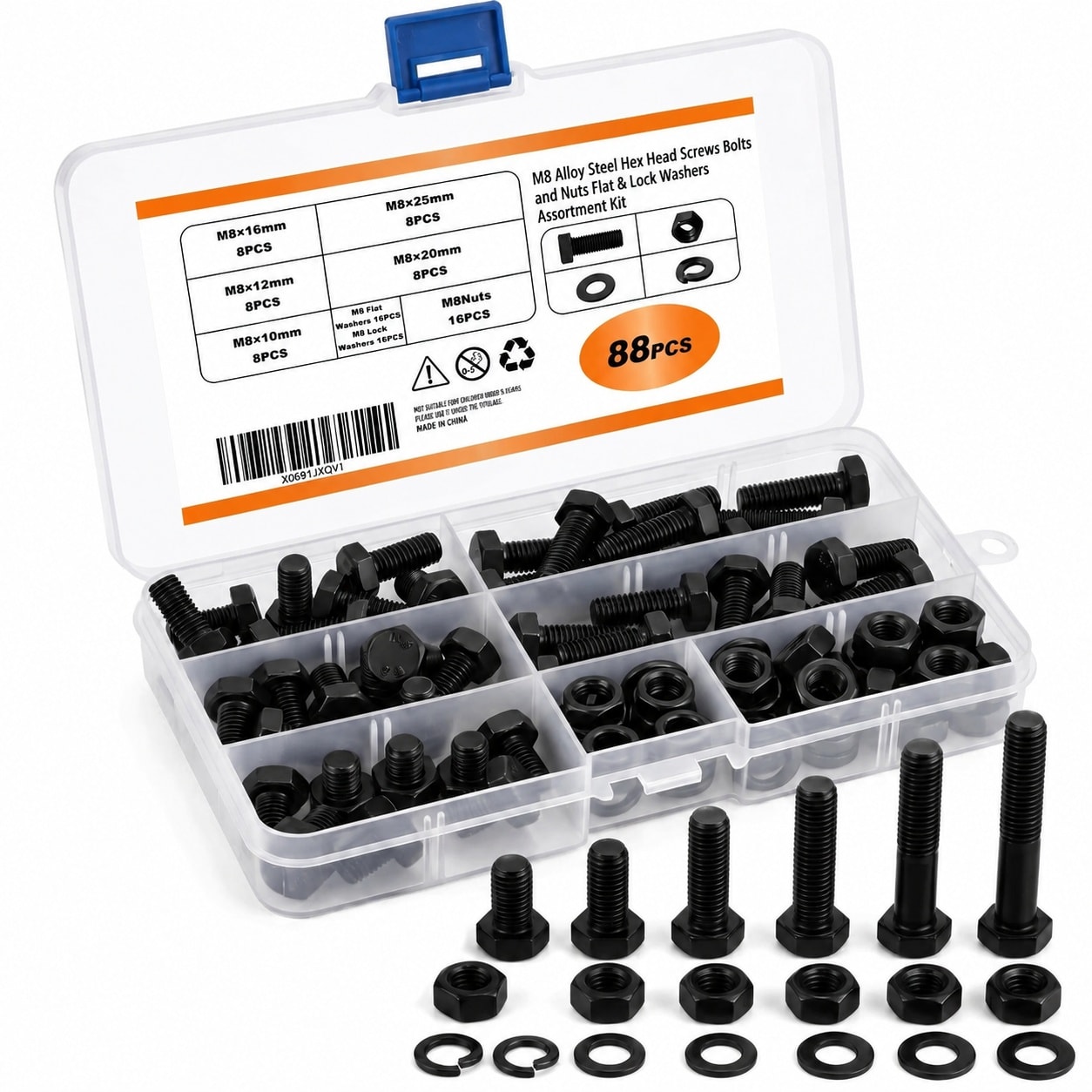 Ahfiwaso  88 Piece M8 x 10mm 12mm 16mm 20mm 25mm Hex Head Bolts Nuts Flat Lock Washers Alloy Steel Grade 8.8 Black Oxide Finish Fastener Kit