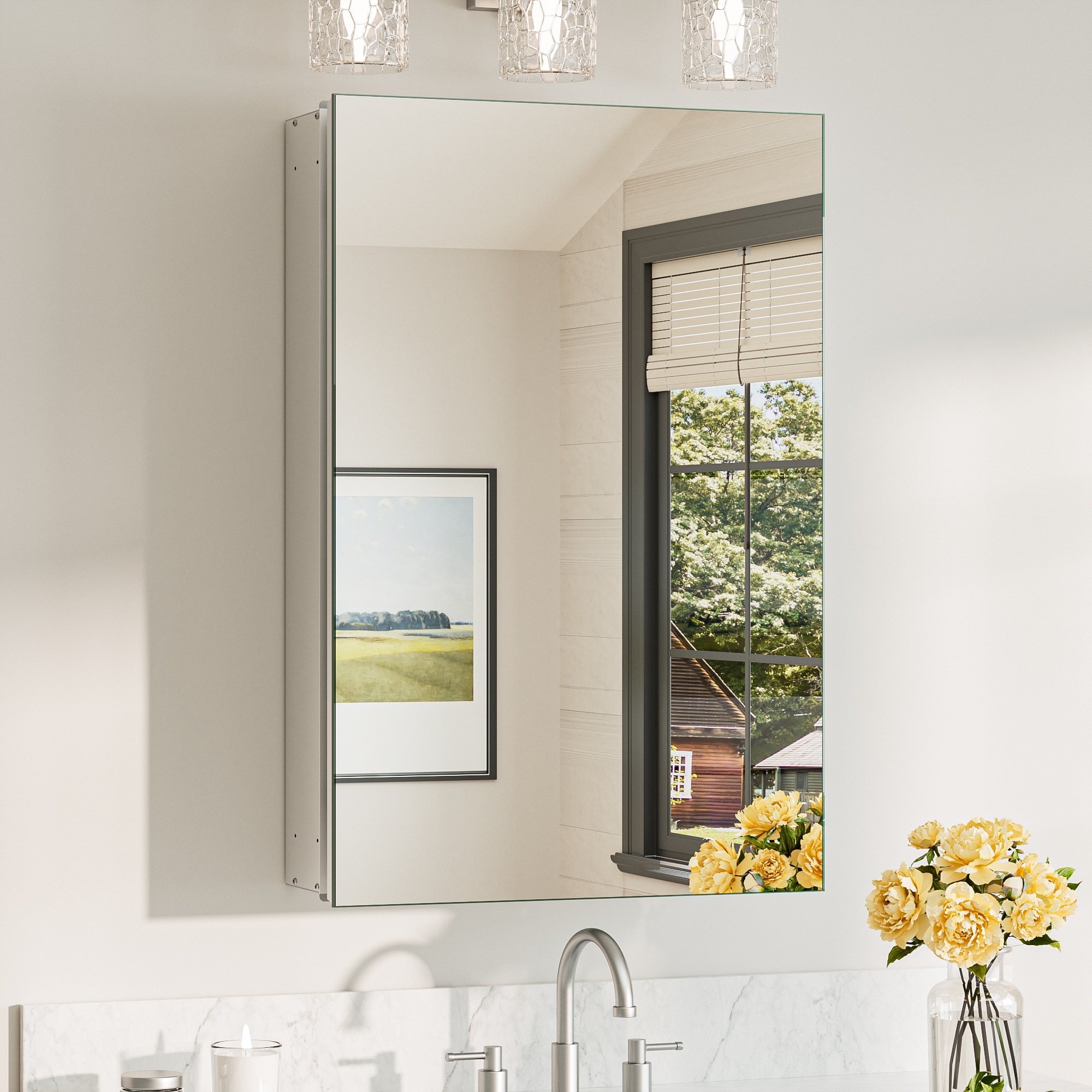 TETOTE 20 x 32 in Silver Frameless Surface/Recessed Aluminum Mirrored Rectangle Medicine Cabinet With Adjustable Shelves #LSC-TE-2032SI-M11