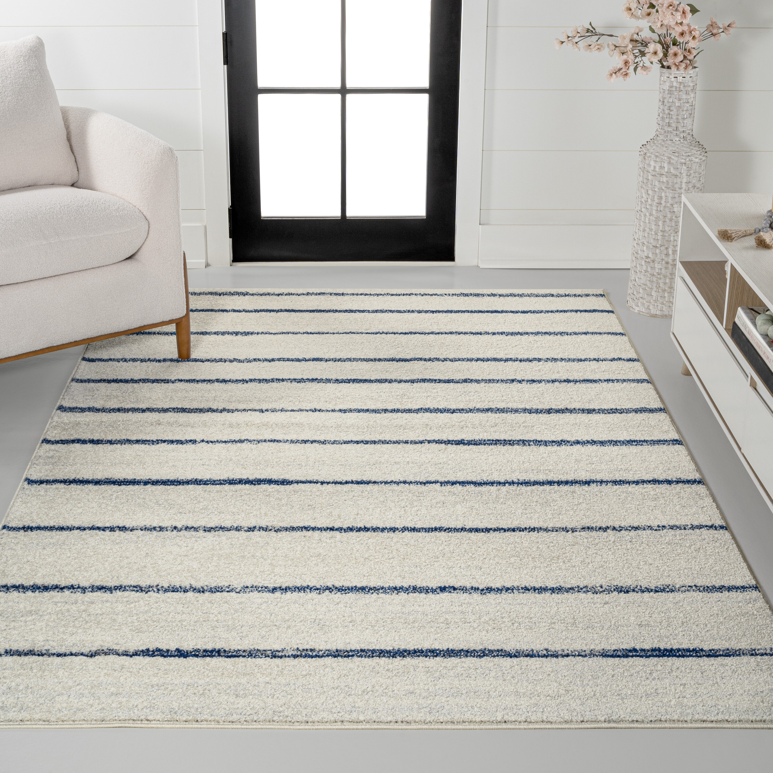 JONATHAN  Y MOH201E-4 Moroccan HYPE Williamsburg Minimalist 4 x 6 (ft) Loomed Polypropylene Cream/Navy Rectangular Indoor Stripe Mid-Century Modern Area rug