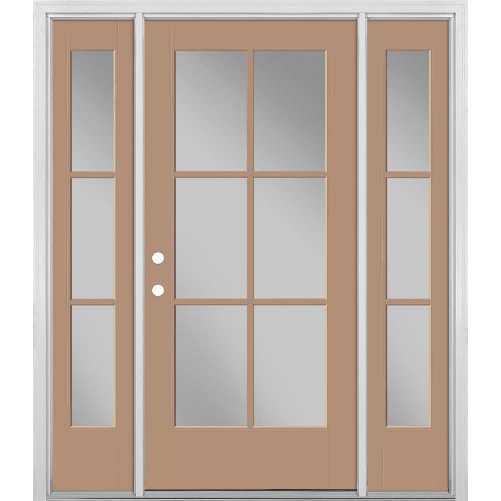 Masonite 1524298 60-in x 80-in x 4-9/16-in Fiberglass Full lite Left-hand inswing Warm Wheat Painted Prehung Single door with sidelights Front Door with Brickmould Insulating core Simulated divided light