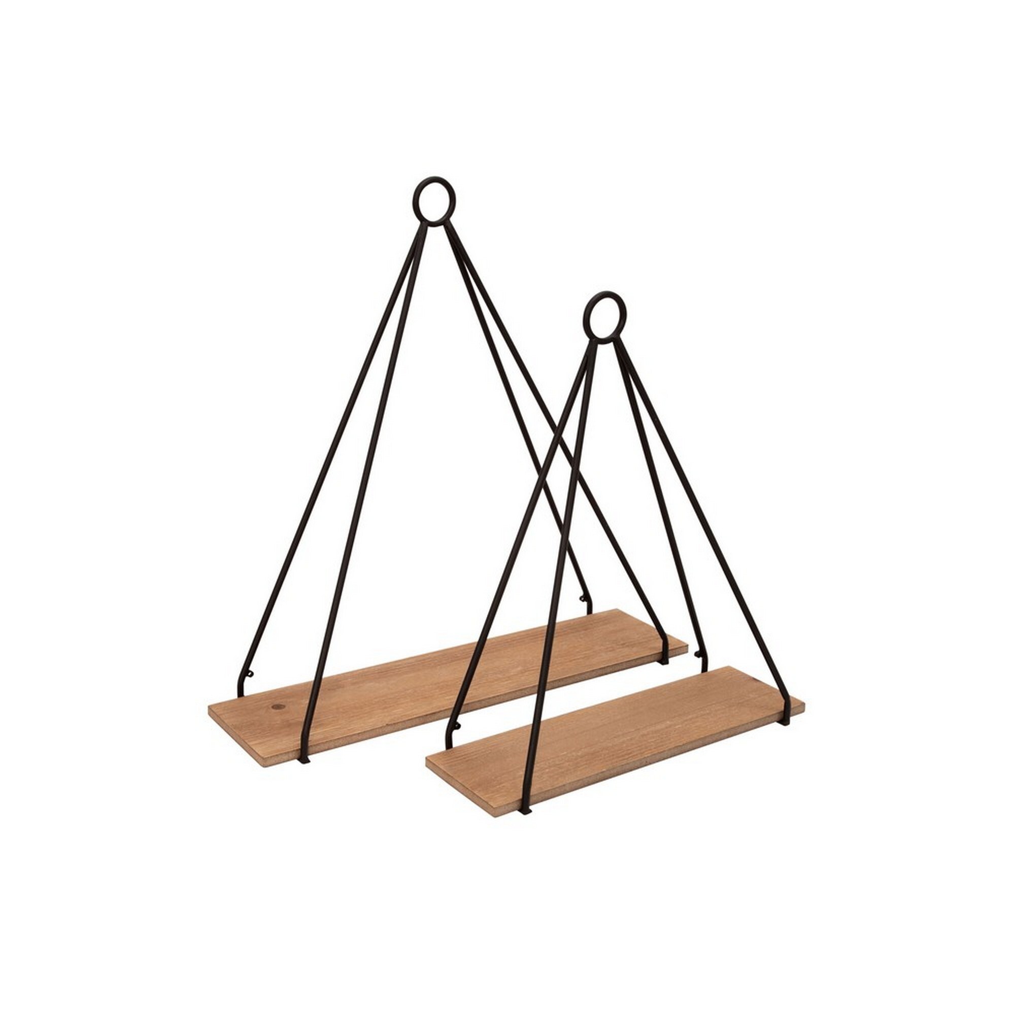 Benzara BM227315 Metal Frame Triangular Wall Shelf with Ring Holder, Set of 2, Brown