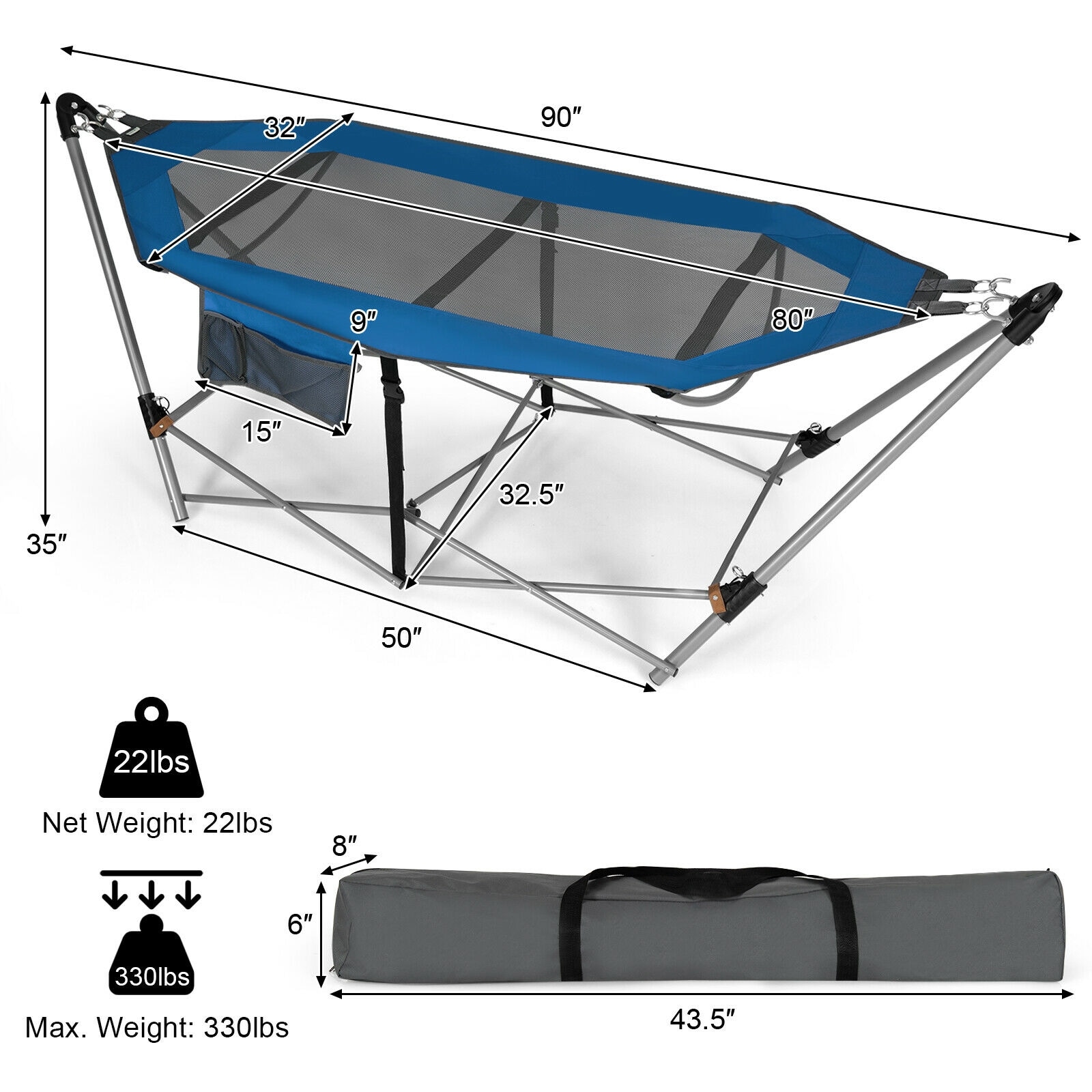Blue Folding Hammock with Iron Stand and Side Pocket