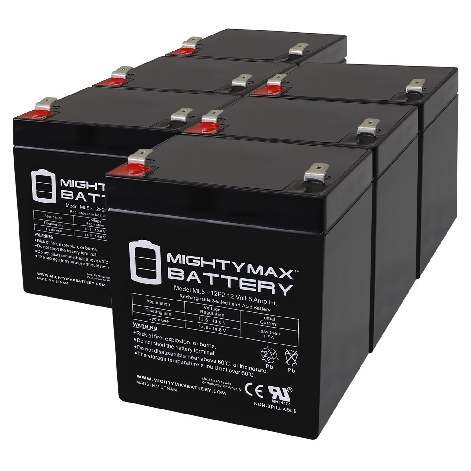 Mighty Max Battery MAX3980054 12V 5Ah F2 for DSC Alarm System PS1240 Rechargeable Sealed lead acid 1250 Backup power Batteries 6 -Pack