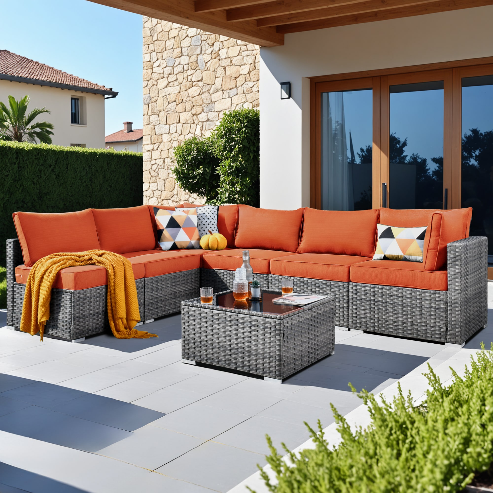 weaxty HMBHOP807 Kuuga Outdoor Sectional with Orange Cushions and Steel Frame