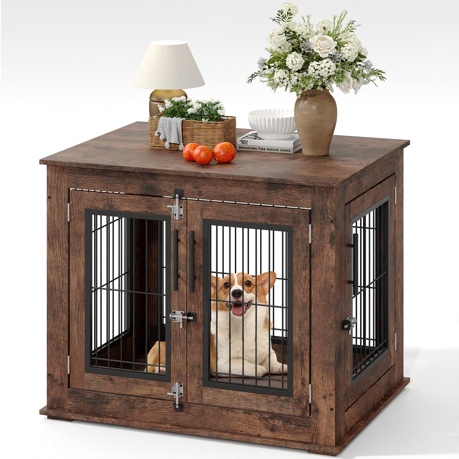 GarveeLife 32 in Dog Crate FurnitureHeavy Duty Wooden Indoor AntiChew Kennel Dog House Cage Side End Table with Double Doors for Small Medium