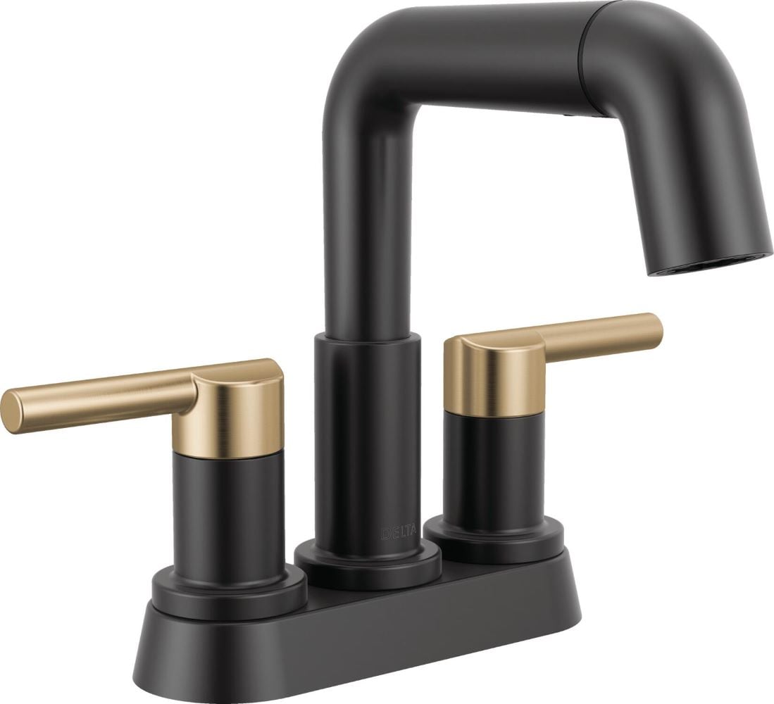 Delta 25849LF-GZPD Nicoli Matte Black / Champagne Bronze 4-in centerset 2-handle WaterSense Mid-arc Residential Handle Pull-down Bathroom Sink Faucet with Drain